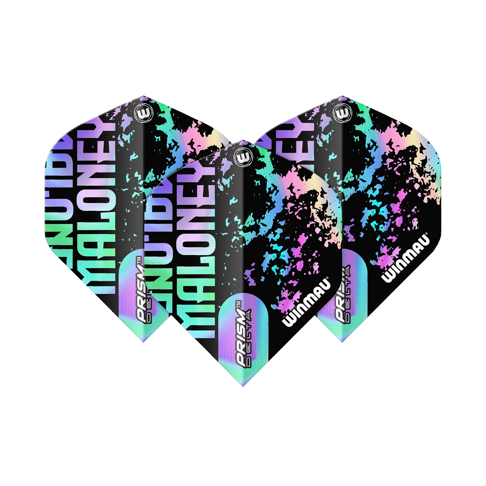 Winmau Prism Delta Mike Maloney Standard Flights Das Bild zeigt die Winmau Prism Delta Mike Maloney Standard Flights. Sie sind mit bunten, auffälligen Farben und dem Namen „Maloney“ bedruckt.