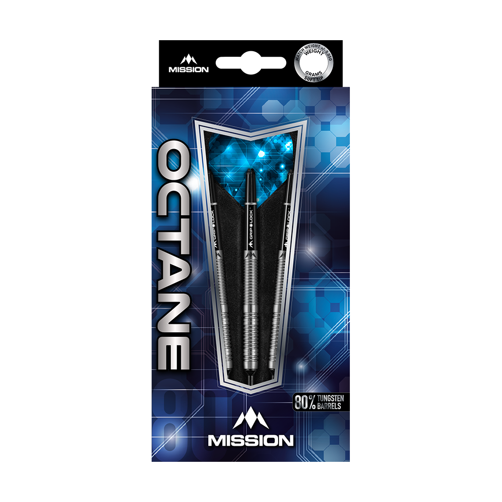 Das Bild zeigt die Verpackung der Mission Octane Model 1 Softdarts mit einem Gewicht von 20 Gramm. Die Darts bestehen aus 80 % Tungsten und sind modern gestaltet.