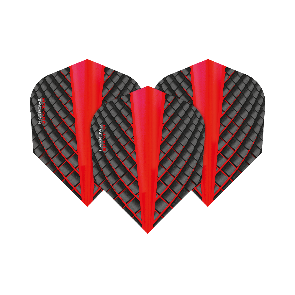 HR6804_Harrows_Quantum_Rot_No6_Flights_1tT66NFeGQCqw4 Das Bild zeigt drei Harrows Quantum Rot No6 Flights. Sie sind schwarz mit einem roten Streifen in der Mitte und einem rautenförmigen Muster.
