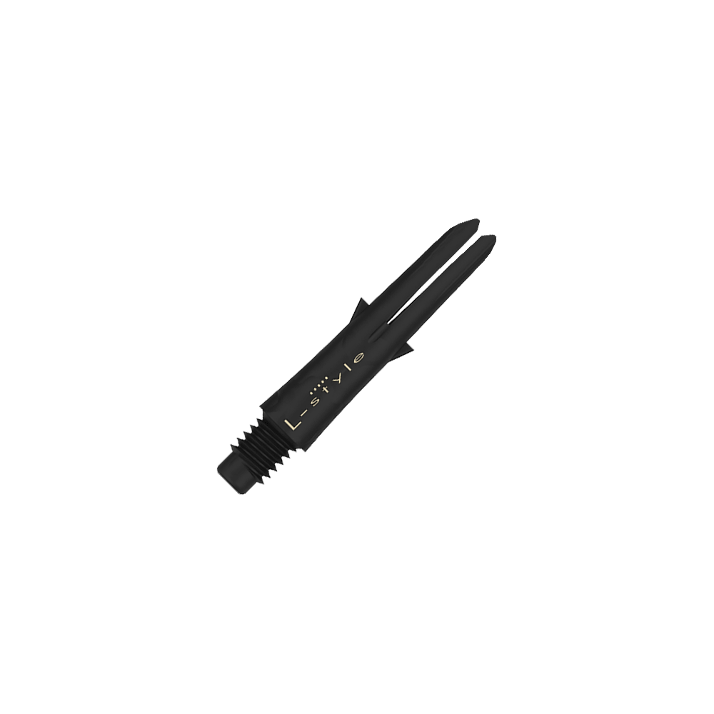 Das Bild zeigt einen schwarzen Dart-Schaft aus Carbon mit der Aufschrift "L-style". Der Schaft ist ohne Kappen und hat ein Gewinde am unteren Ende.