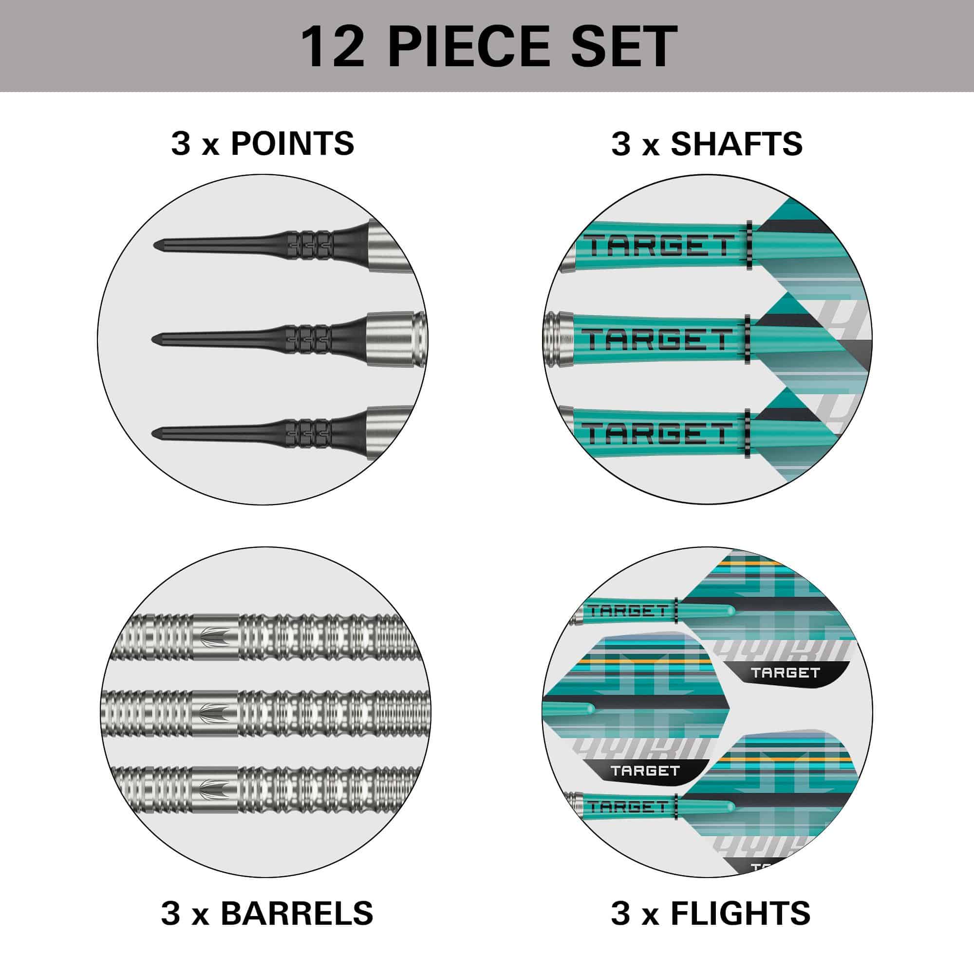Target Hydro 12 miękkich rzutek Das Bild zeigt die Target Hydro 12 Softdarts. Diese Darts sind für das Softdartspiel konzipiert.