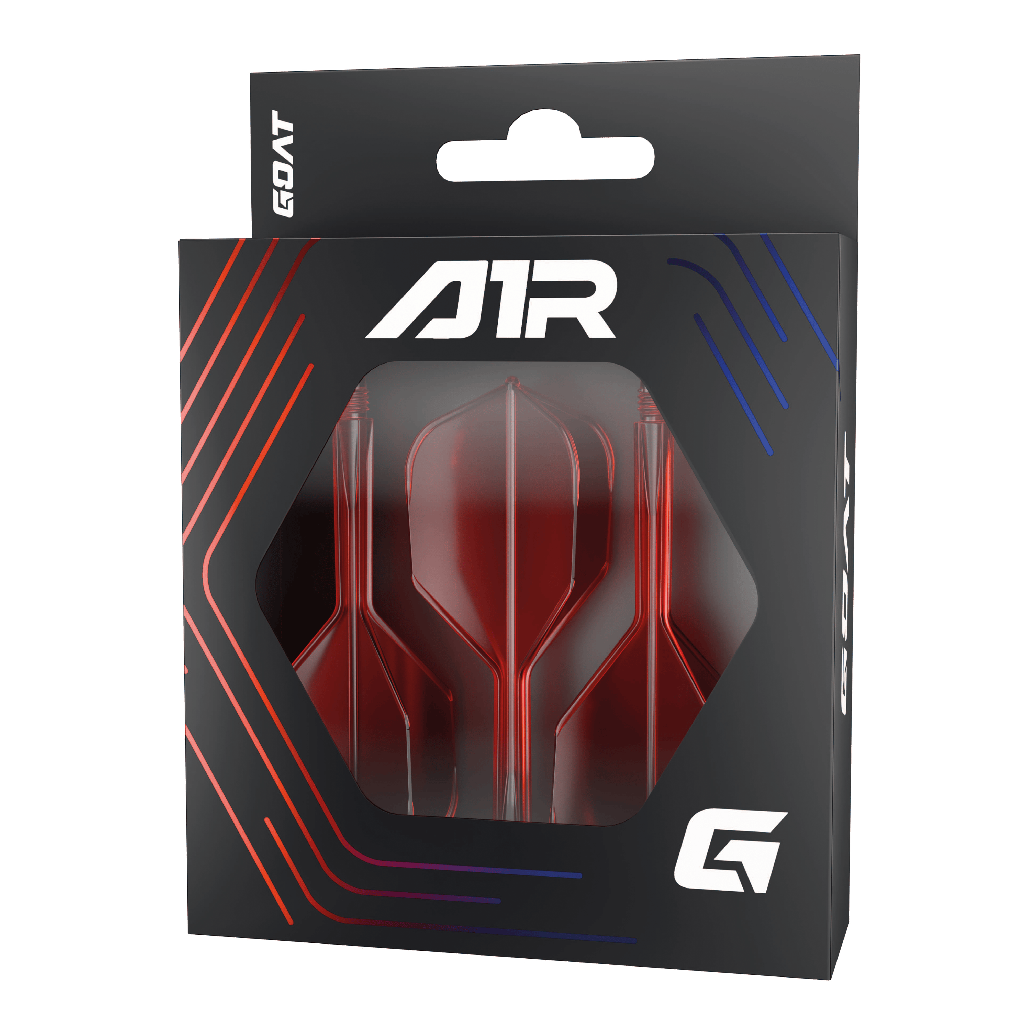 System wału lotniczego GOAT A1R No6 - czerwony Die Abbildung zeigt das Produkt "GOAT A1R No6 Flight-Shaft-System – Rot" in seiner Verpackung. Im Sichtfenster der Schachtel sind drei rote Dart-Flights und -Schäfte zu sehen.