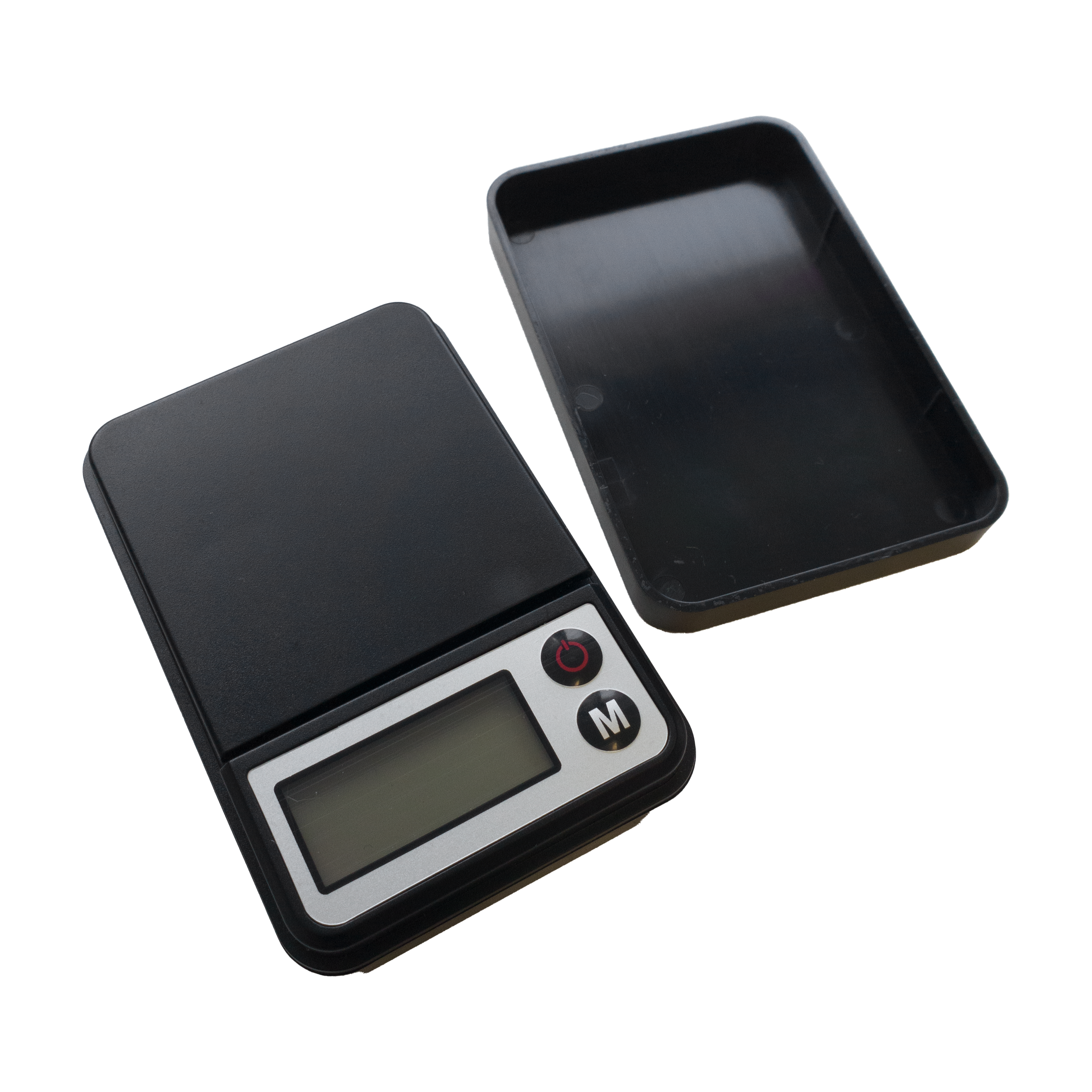 MCD19_McDart_Mini_Waage_2 Das Bild zeigt die McDart Mini Waage mit abnehmbarem Deckel. Die Waage besitzt ein digitales Display und zwei Funktionstasten.