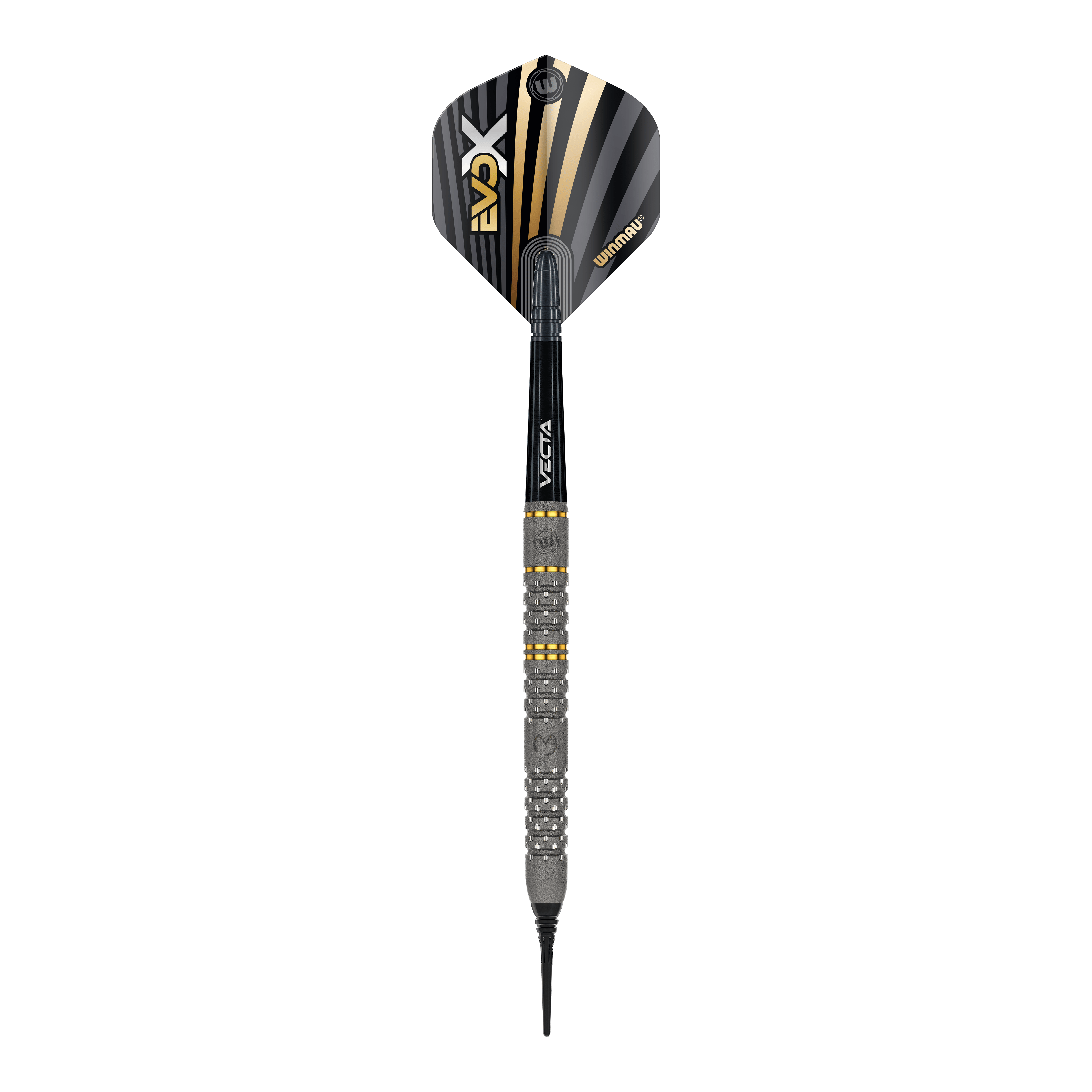 Miękkie rzutki Winmau Michael Van Gerwen Evo-X - 20g Das Bild zeigt einen Winmau Michael Van Gerwen Evo-X Softdart mit einem Gewicht von 20g. Der Dart hat ein modernes Design mit schwarz-goldenen Akzenten und einer strukturierten Griffzone.
