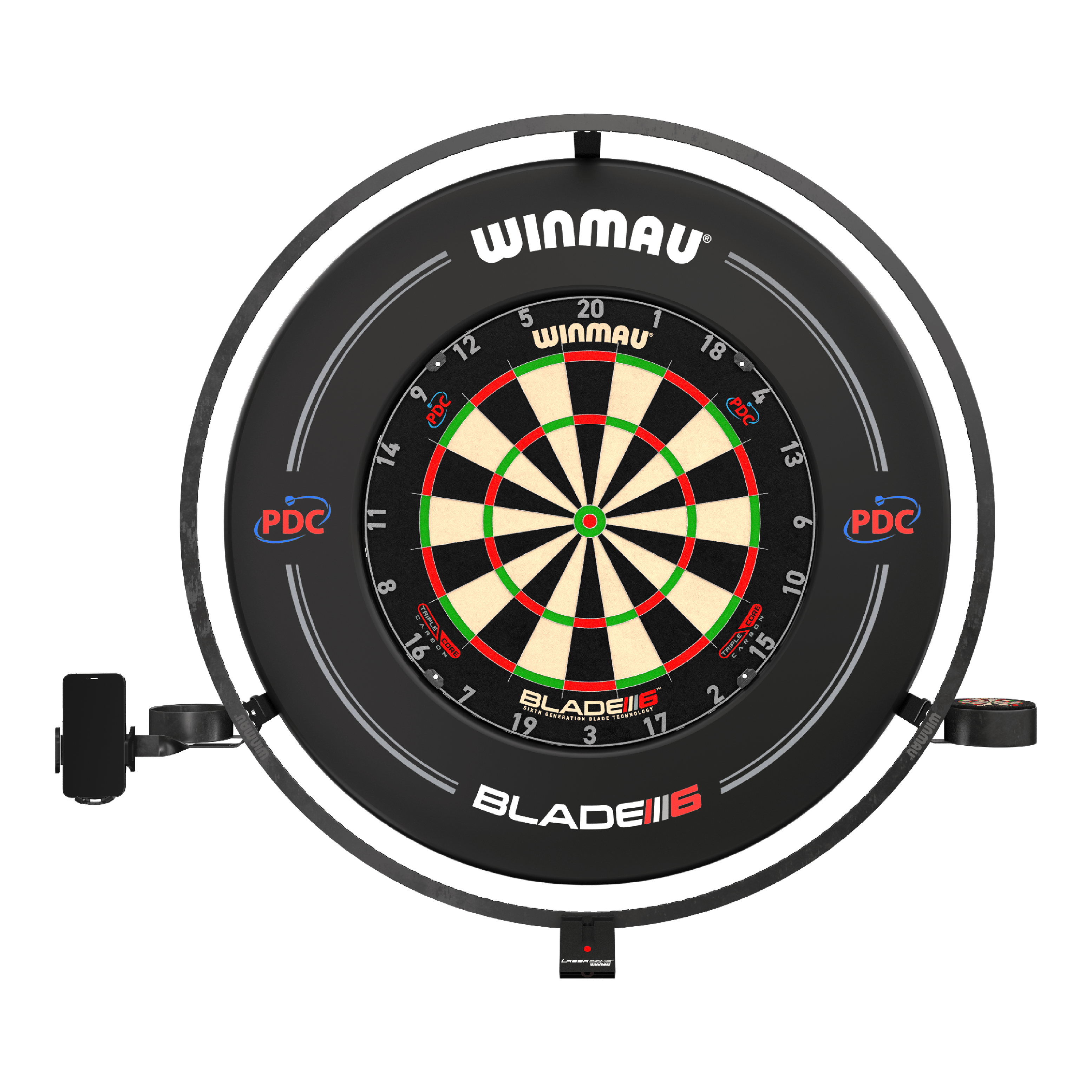 Zestaw akcesoriów plazmowych Winmau Das Bild zeigt das Produkt "Winmau Plasma Zubehör Set" mit einer Dartscheibe und einem umgebenden LED-Leuchtring. Das Set ist für professionelles Dartspielen geeignet und trägt das PDC-Logo.