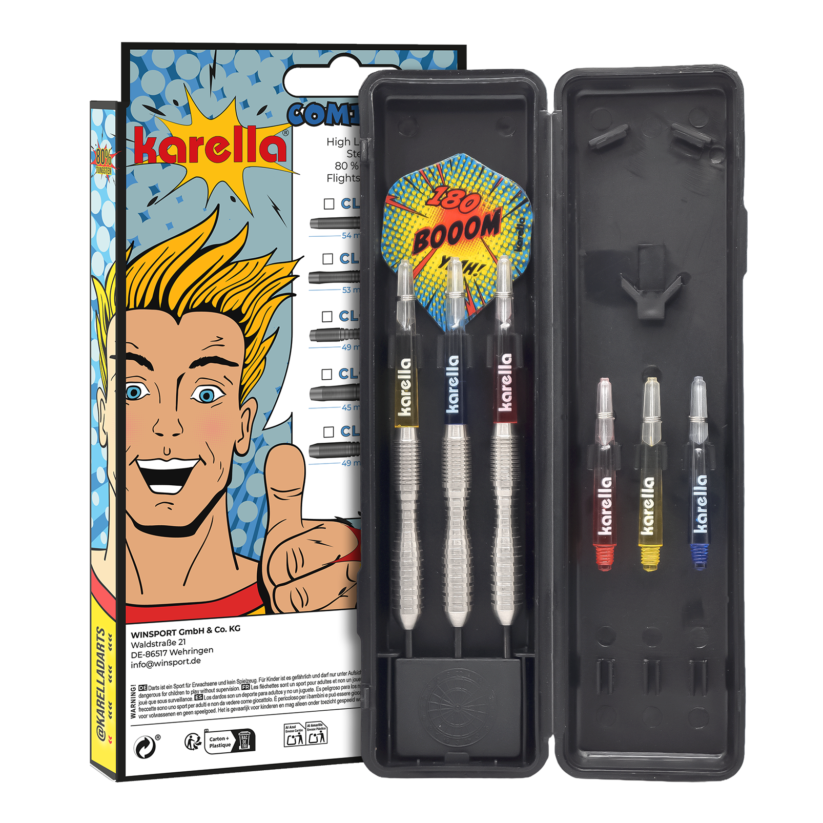 Die Abbildung zeigt die Karella Comic Line CL-3 Steeldarts mit einem Gewicht von 24g. Die Darts sind für den professionellen Einsatz geeignet und haben ein ansprechendes Design.