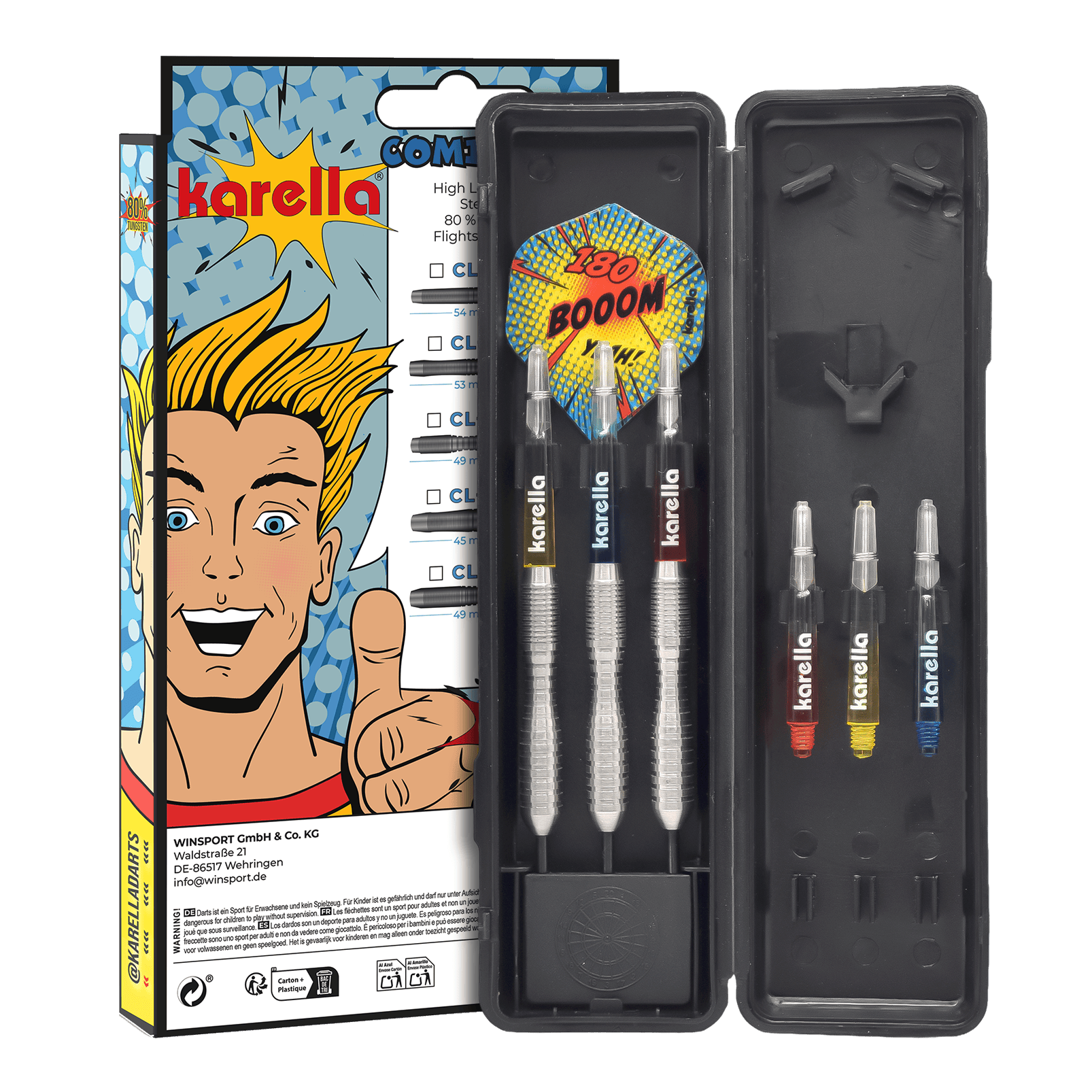Lotki stalowe Karella Comic Line CL-3 - 24g Die Abbildung zeigt die Karella Comic Line CL-3 Steeldarts mit einem Gewicht von 24g. Die Darts sind für den professionellen Einsatz geeignet und haben ein ansprechendes Design.
