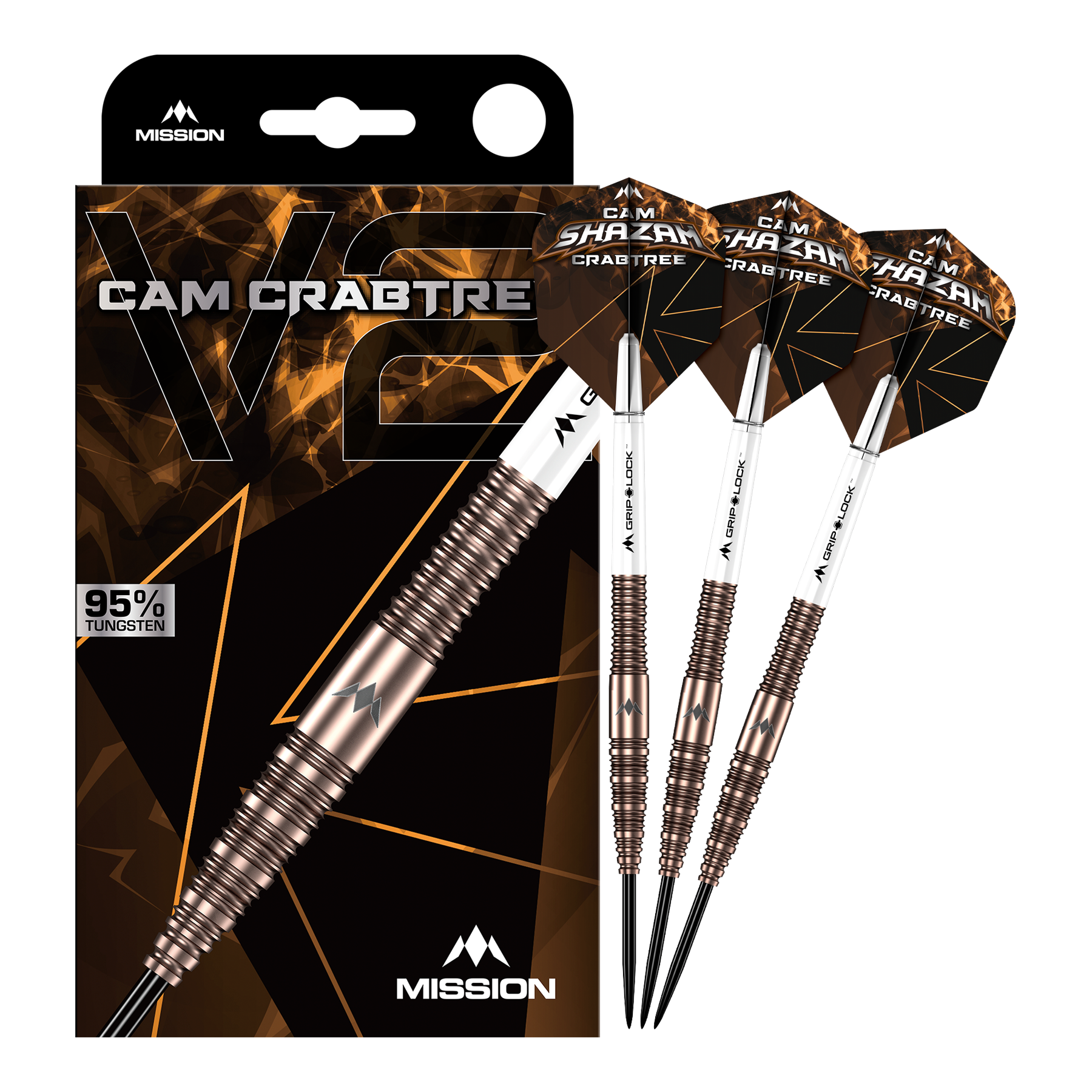 Das Bild zeigt die Mission Cam Crabtree V2 Steeldarts in voller Ansicht. Es handelt sich um ein Set von Steeldarts, präsentiert von vorne.