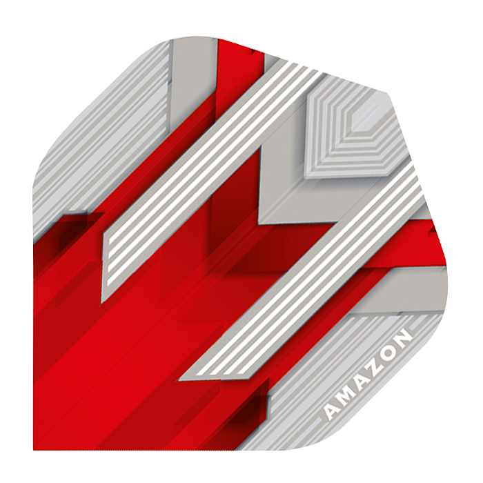 A-29-Amazon-Silver-No2-Red-FlightsR0LL0zfT8W1zr Das Bild zeigt einen Dartflight mit einem modernen Design in Rot, Silber und Weiß. In der rechten unteren Ecke steht das Wort "AMAZON".
