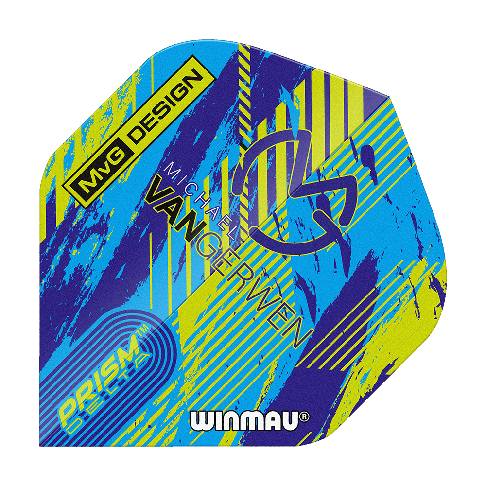 Winmau Delta Michael Van Gerwen Prism 04 Loty standardowe Das Bild zeigt ein buntes Dartflight mit dem Namen "Winmau Delta Michael Van Gerwen Prism 04 Standard Flights". Auf dem Flight sind verschiedene Schriftzüge und ein modernes Design in Blau, Gelb und Lila zu sehen.