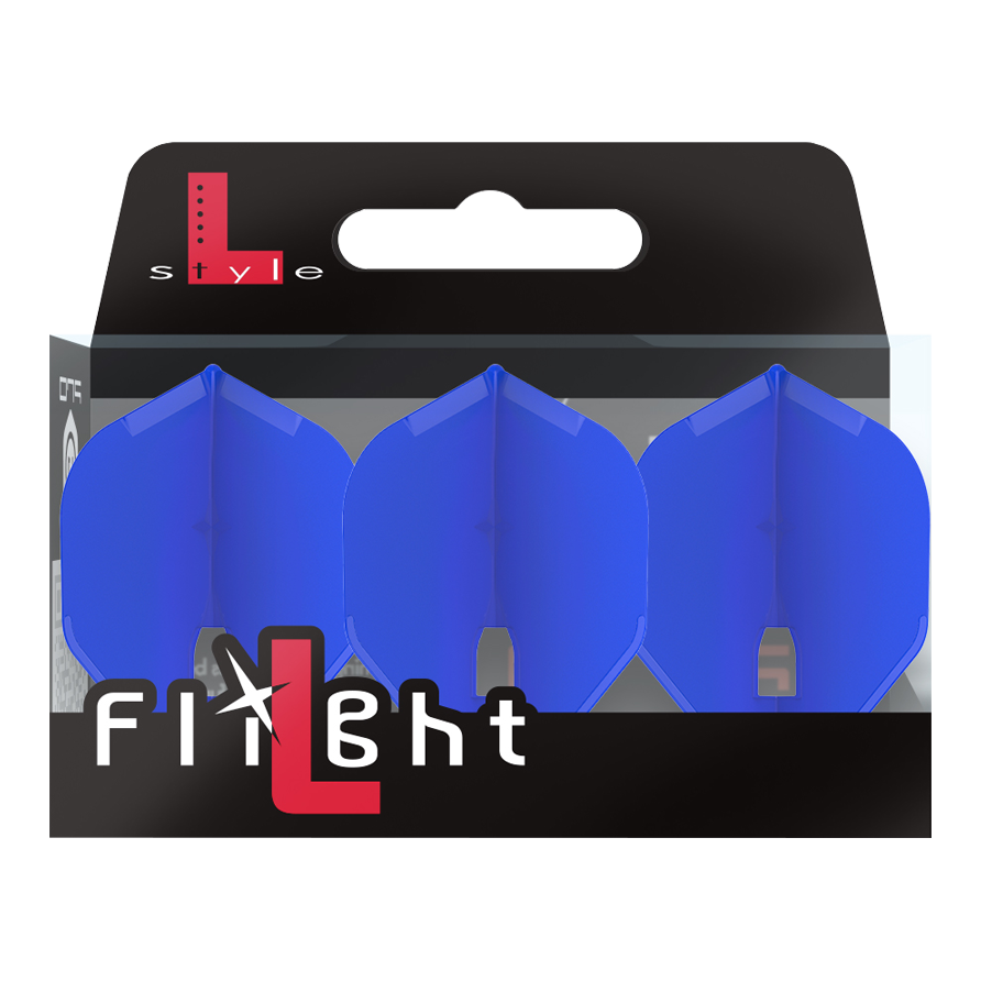 Auf dem Bild ist eine Packung mit drei blauen Dart-Flights der Marke L-Style zu sehen. Die Verpackung ist überwiegend schwarz und trägt die Aufschrift „Flight“.