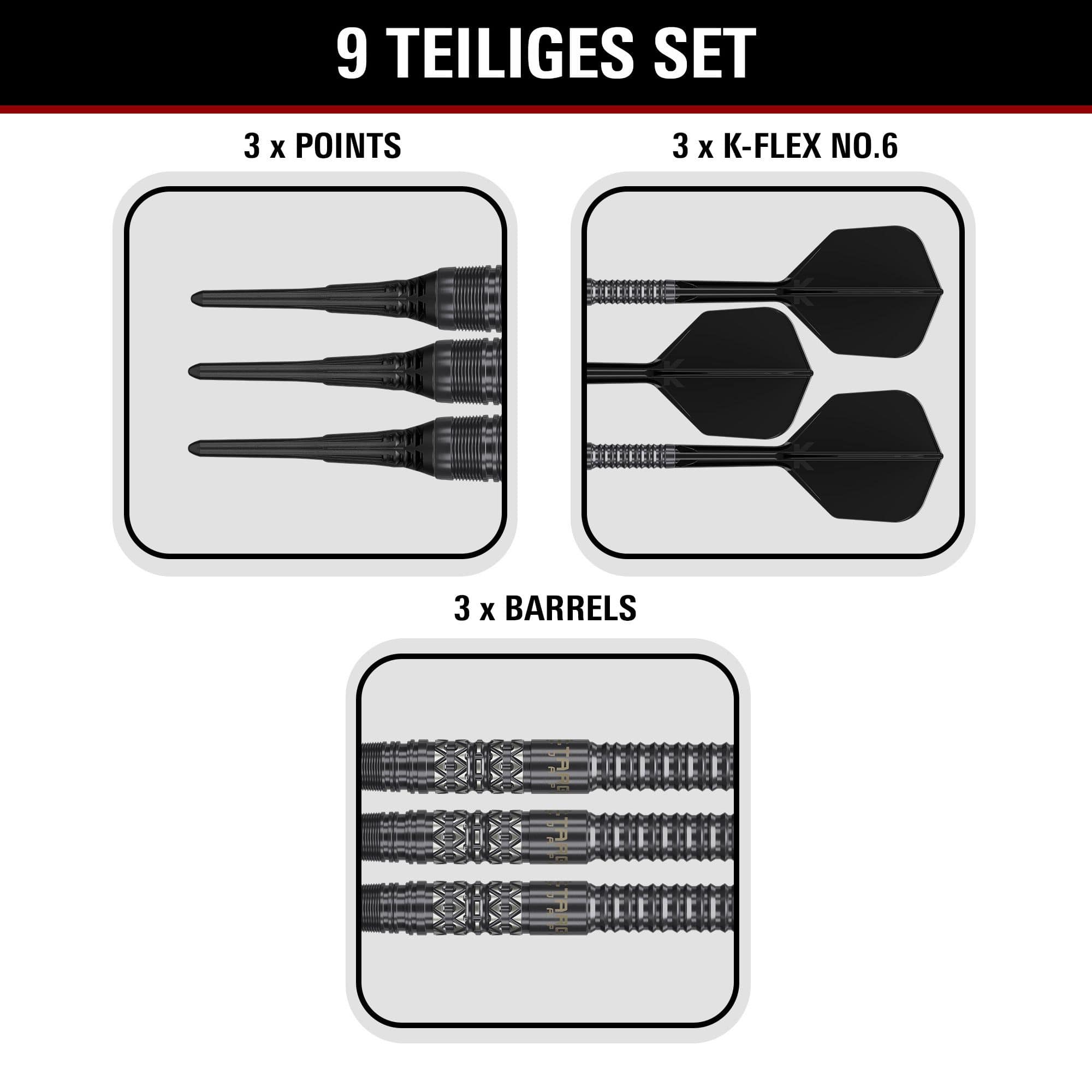 Lotki miękkie Target Black Marque Creed - 21,5 g Produktbild der Target Black Marque Creed Softdarts mit einem Gewicht von 21,5g. Die Darts sind auf hellem Hintergrund abgebildet.