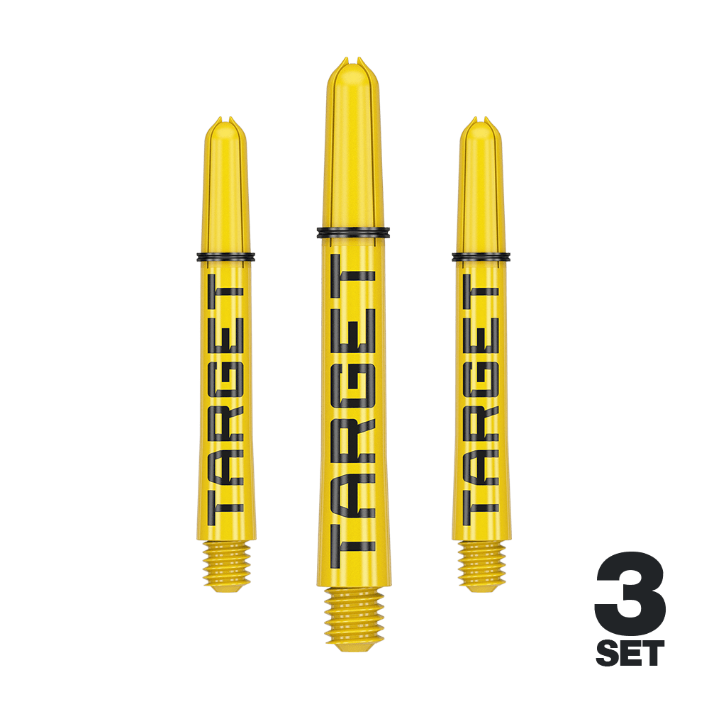 Wałki Target Pro Grip TAG – 3 zestawy – żółte Das Bild zeigt drei gelbe Dart-Schäfte mit der Aufschrift "TARGET". Unten rechts steht "3 SET", was auf ein Set mit drei Stück hinweist.