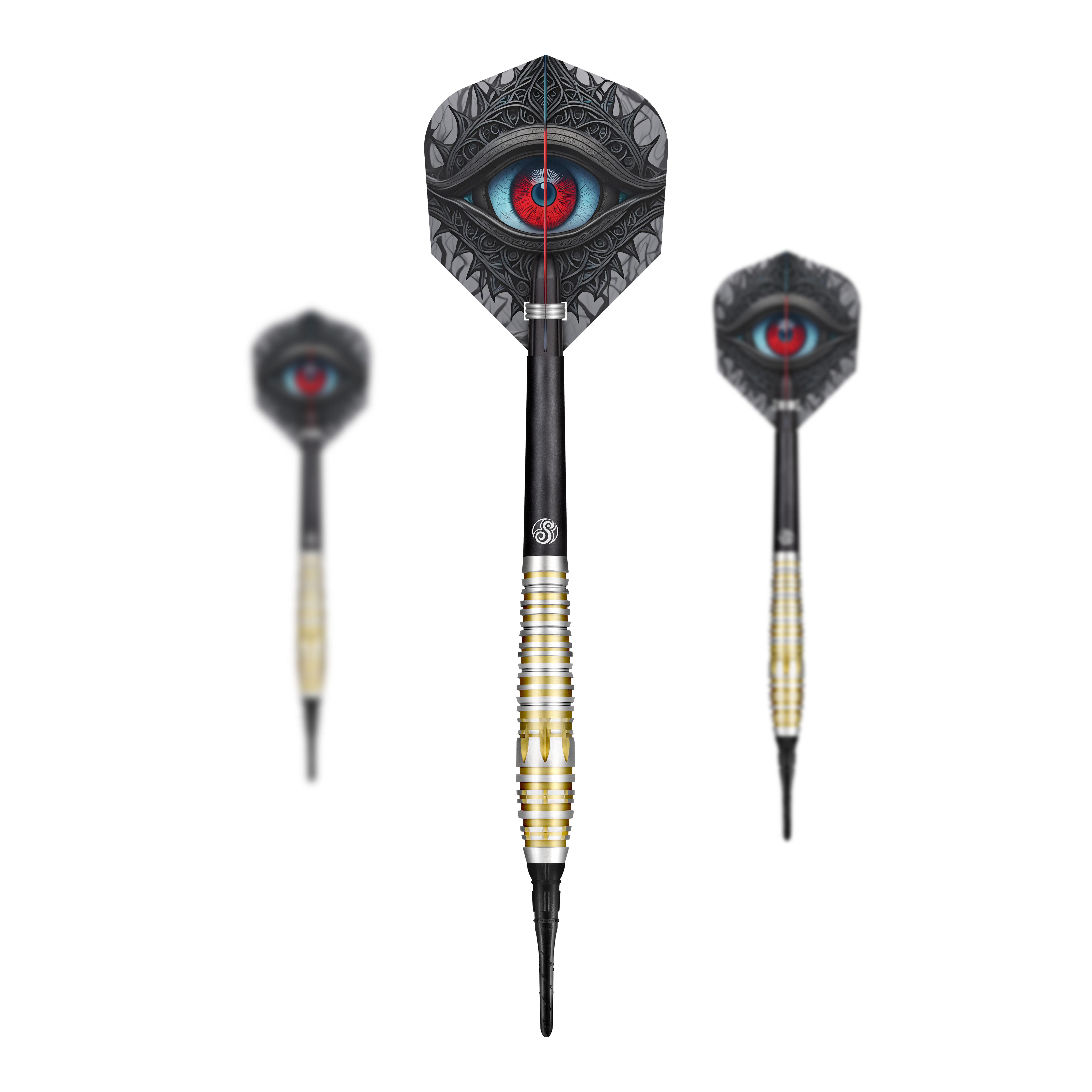 Shot Celt Balor Softdarts Auf dem Bild sind drei Softdarts der Marke Shot Celt Balor zu sehen. Die Flights der Darts zeigen ein auffälliges Auge in leuchtenden Farben.