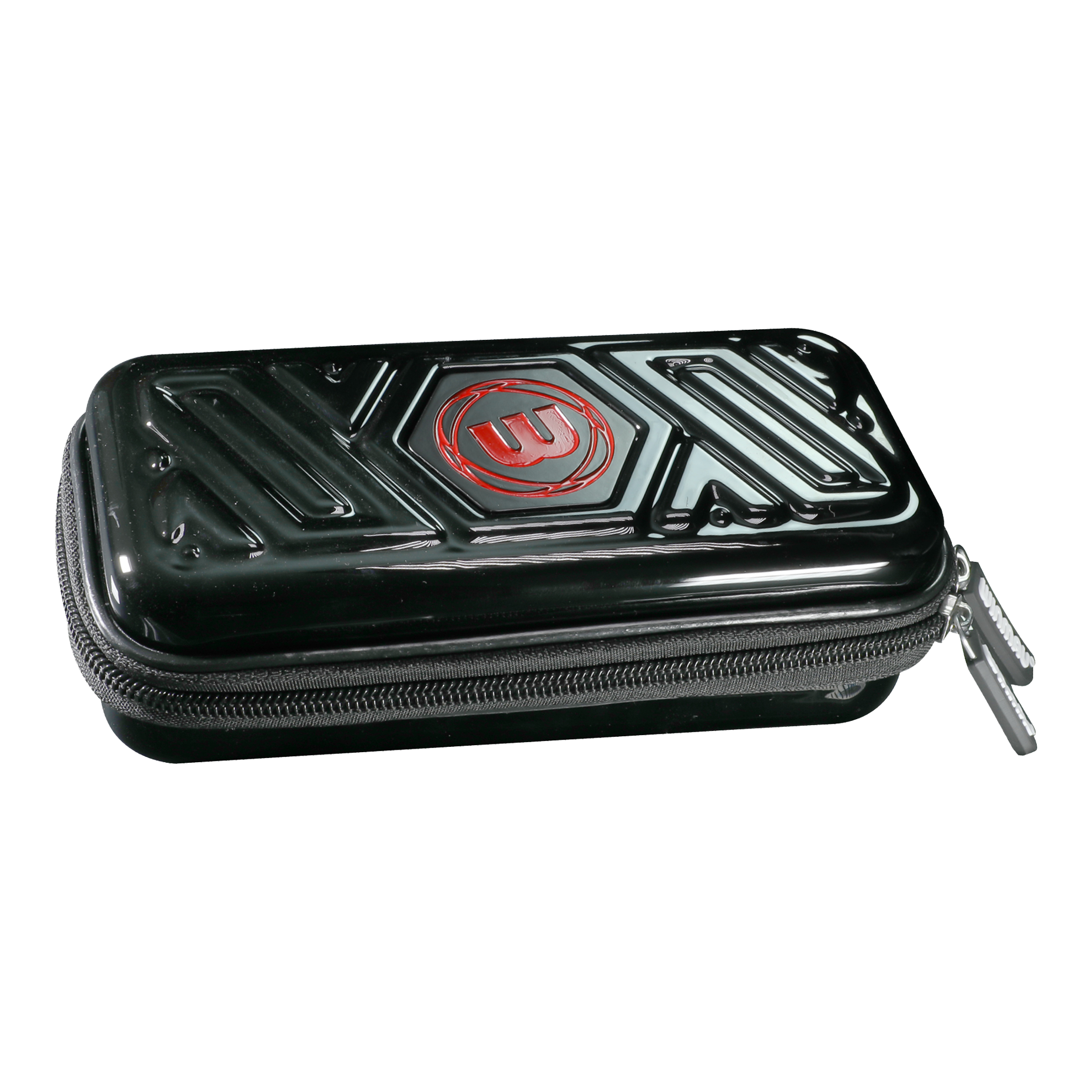 Portfel Winmau Armor G1 Dart Das Bild zeigt ein schwarzes Dart-Etui mit einem Reißverschluss. Auf dem Etui ist ein rotes Logo zu sehen.