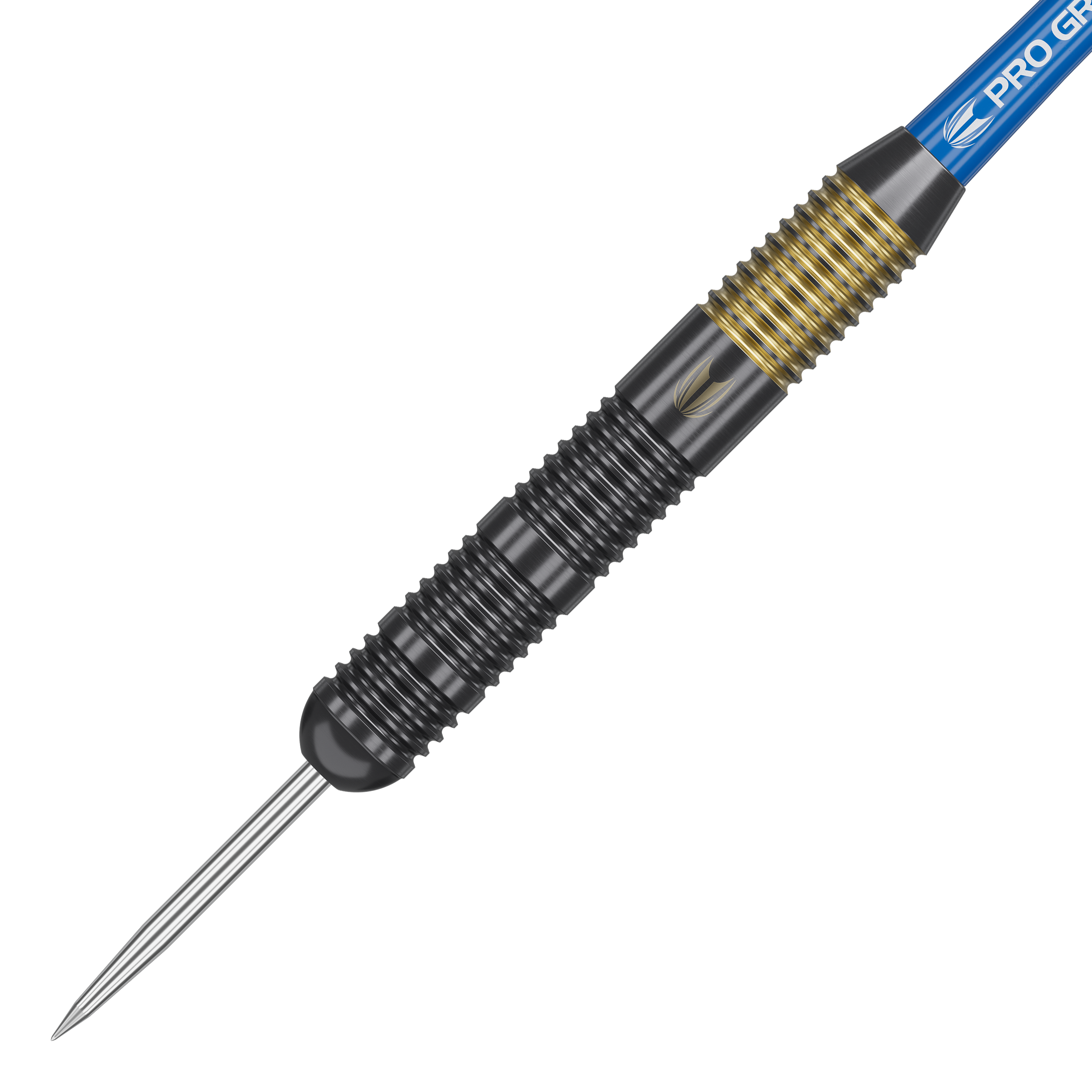 Lotki Target Josh Rock Brass Steel Darts - 22g Das Bild zeigt den Target Josh Rock Brass Steeldart mit einem Gewicht von 22g. Der Dart hat ein schwarzes Griffstück mit goldenen Rillen und einer silbernen Spitze.