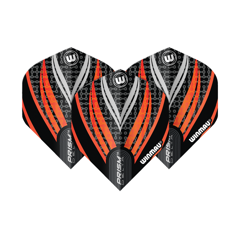 Winmau Prism Delta Czarno-Biało-Pomarańczowy Nr 2 Standardowe Loty Das Bild zeigt drei Dart-Flights des Modells "Winmau Prism Delta" in Schwarz, Weiß und Orange. Die Flights haben ein modernes Design mit auffälligen orangefarbenen und silbernen Streifen.