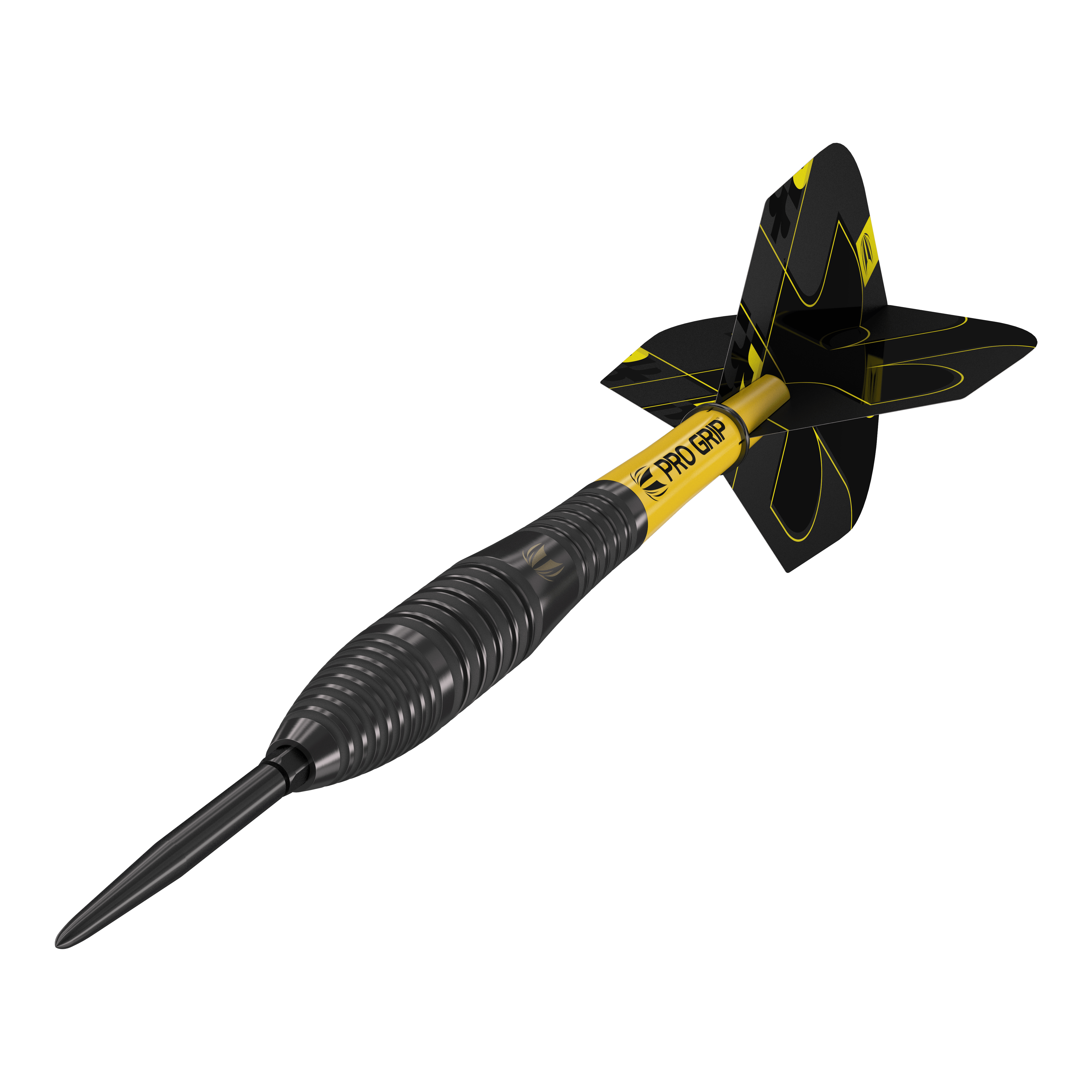 Stalowe lotki Target Bolide Void 05 Swiss Point Das Bild zeigt einen Target Bolide Void 05 Swiss Point Steeldart. Der Dart ist schwarz mit gelben Akzenten und hat einen gerillten Griff sowie gelbe "Pro Grip"-Schriftzüge.