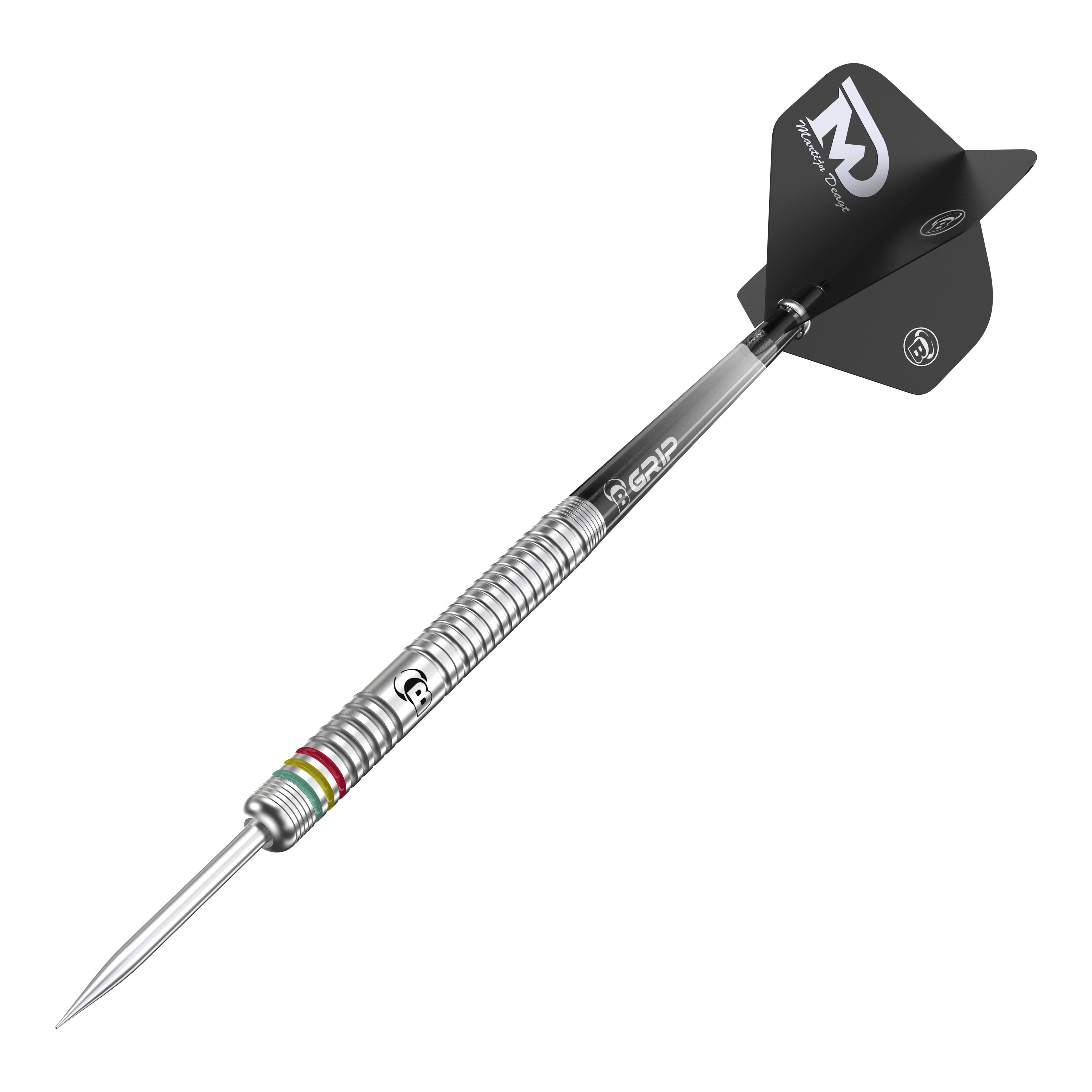 Rzutki Bulls Martijn Dragt Steel - 24g Auf dem Bild ist ein Bulls Martijn Dragt Steeldart mit einem Gewicht von 24g zu sehen. Der Dartpfeil hat einen silbernen, gerillten Schaft und schwarze Flights mit weißer Aufschrift.