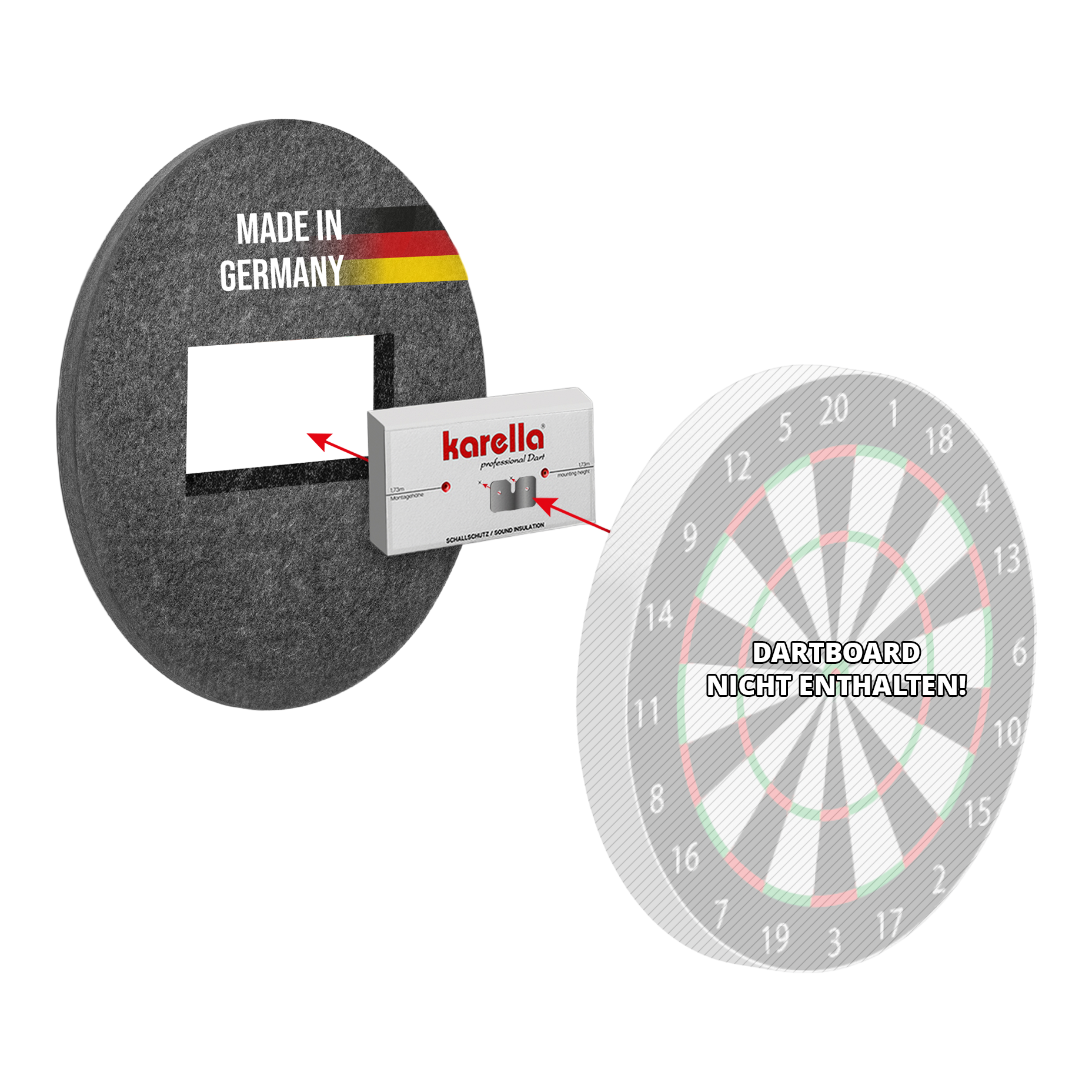 Kompaktowa, dźwiękoszczelna Karella do tarcz do darta ze stali Kompakter Schallschutz Karella für Steeldartboards ist auf dem Bild zu sehen. Es handelt sich um einen schalldämpfenden Schutz für Steeldartboards.