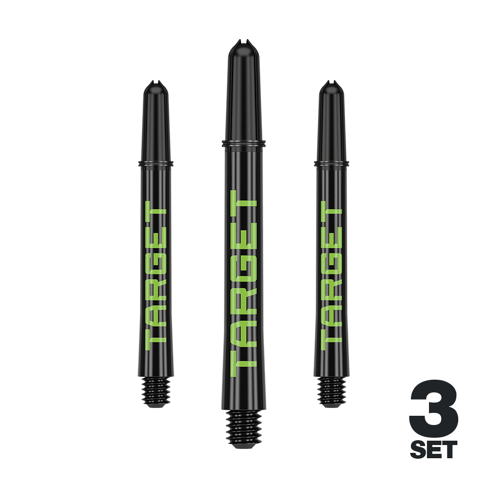 Wałki Target Pro Grip TAG – 3 zestawy – czarno-zielone Mehrere Dart-Schäfte mit glatten Linien und dezenter Farbe sind abgebildet. Das Produkt ist ordentlich arrangiert.