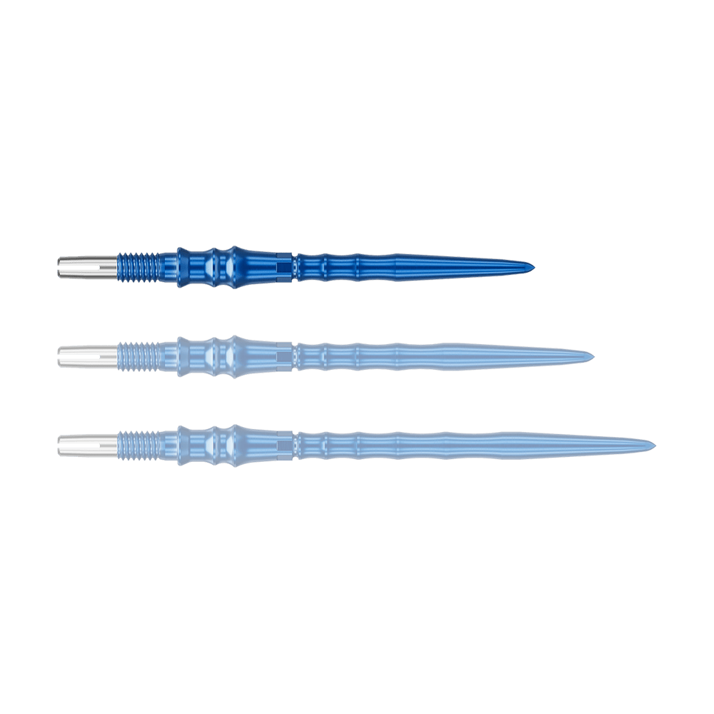 Końcówki do lotek Target Japan Premium Swiss Point – niebieskie Das Bild zeigt ein einzelnes, blaues Dartspitze. Die Spitze ist 30 mm lang.
