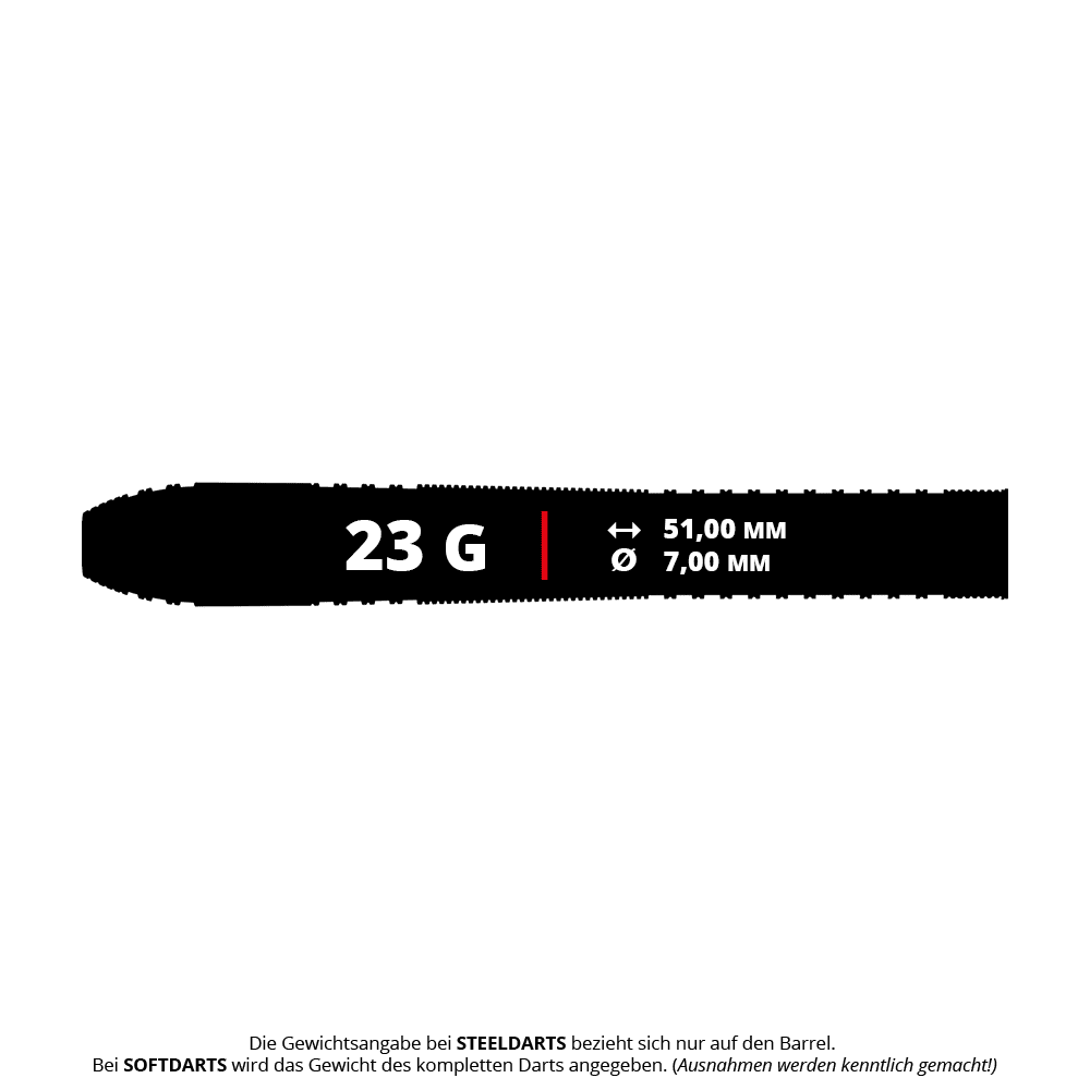 Das Bild zeigt Bulls Max Czerwinski Gurke Steeldarts mit 23g Gewicht. Die Darts sind speziell für fortgeschrittene Dartspieler entwickelt.