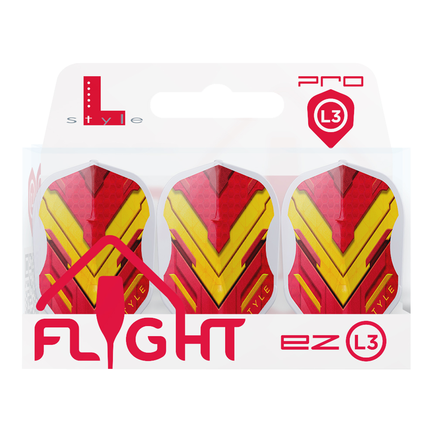 L-Style V-Series V1 Typ A Hiszpania Przezroczysta Biel L3EZ Loty Das Bild zeigt eine Packung mit drei Dart-Flights der Marke L-Style in den Farben Rot und Gelb. Auf der Verpackung steht „FLIGHT ez L3“ und oben rechts ist das Pro L3-Logo zu sehen.