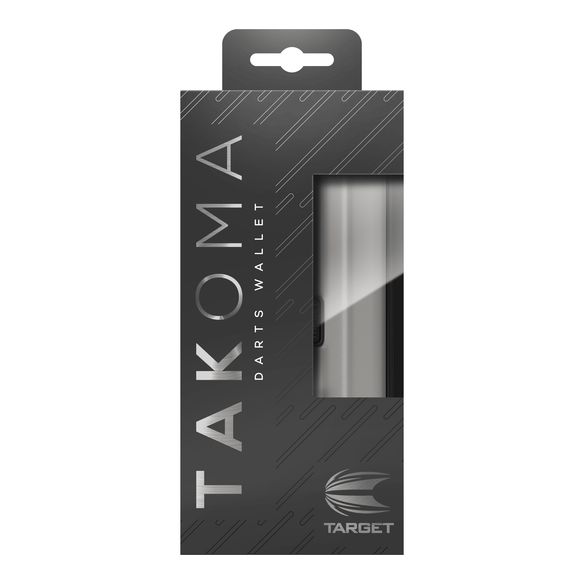 Target Takoma Dartwallet Auf dem Bild ist eine Verpackung für ein Dartwallet der Marke Target zu sehen. Die Verpackung ist schwarz-grau mit der Aufschrift "Takoma Darts Wallet".