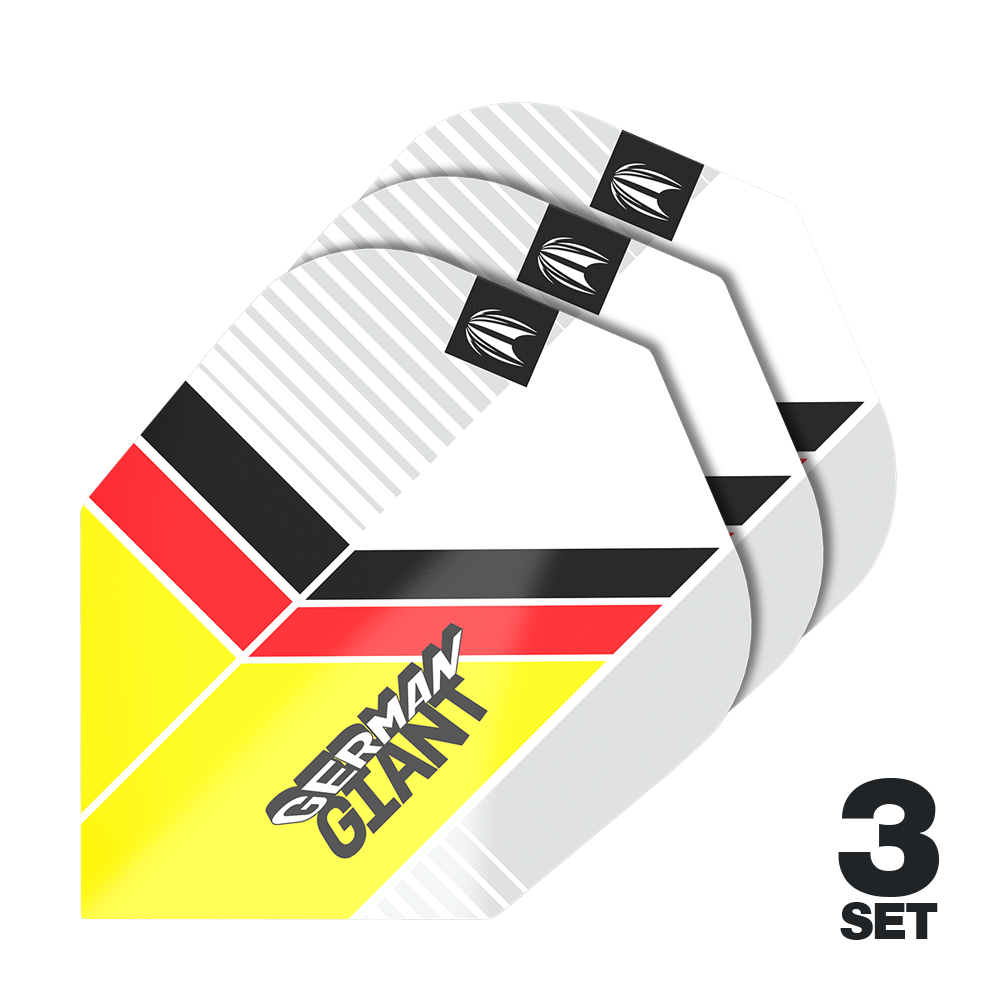 Lotki Target Pro Ultra Gabriel Clemens No6 – 3 zestawy Auf dem Bild sind drei Sätze Dart-Flights mit dem Design "German Giant" in den Farben Gelb, Rot, Schwarz und Weiß zu sehen. Unten rechts steht "3 Set", was auf drei enthaltene Sets hinweist.