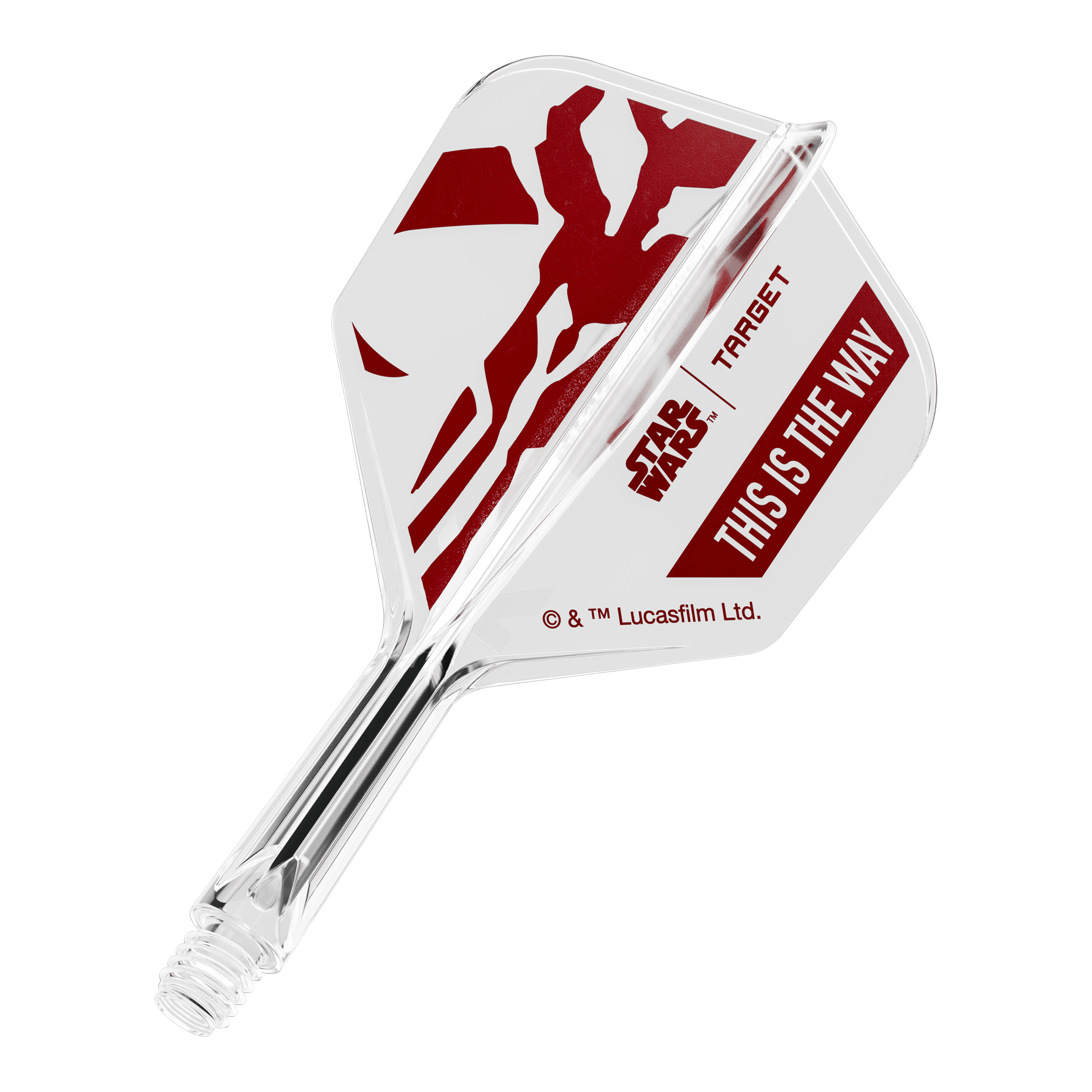 Zestaw Target Star Wars K-Flex Mandalorian No6 Flights Das Bild zeigt ein Star Wars Motiv mit der Aufschrift 'This Is The Way'. Es handelt sich um einen No6 Dart-Flügel in 19 mm Größe.
