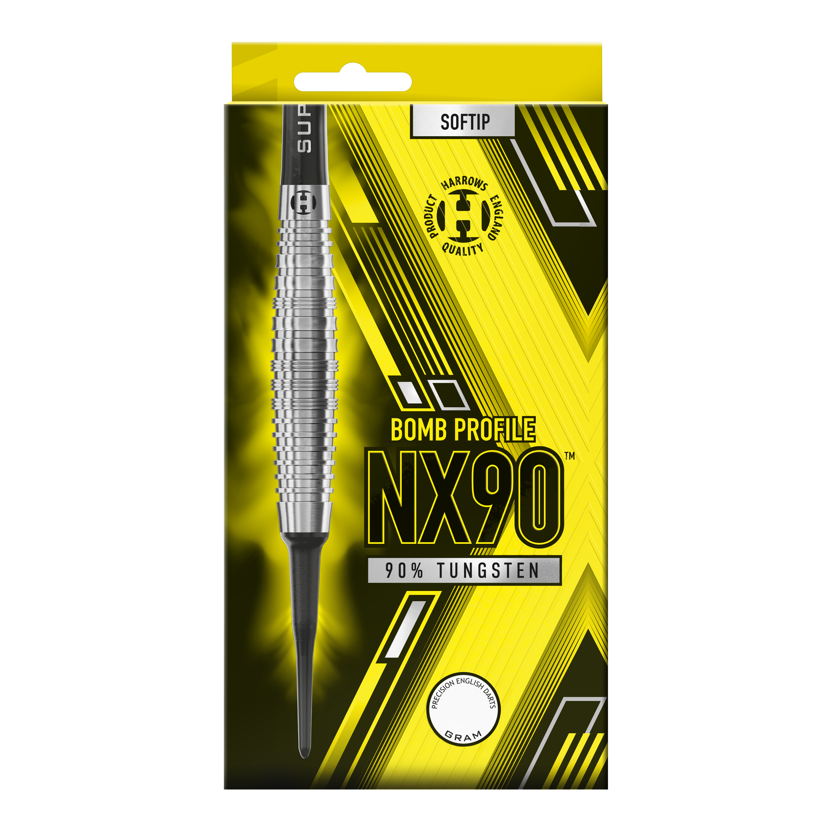 Harrows NX90 Bomb Soft Darts Die Verpackung zeigt die "Harrows NX90 Bomb Softdarts" mit einem auffälligen gelb-schwarzen Design. Auf der Vorderseite steht, dass die Darts aus 90% Tungsten bestehen und eine Bombenform haben.