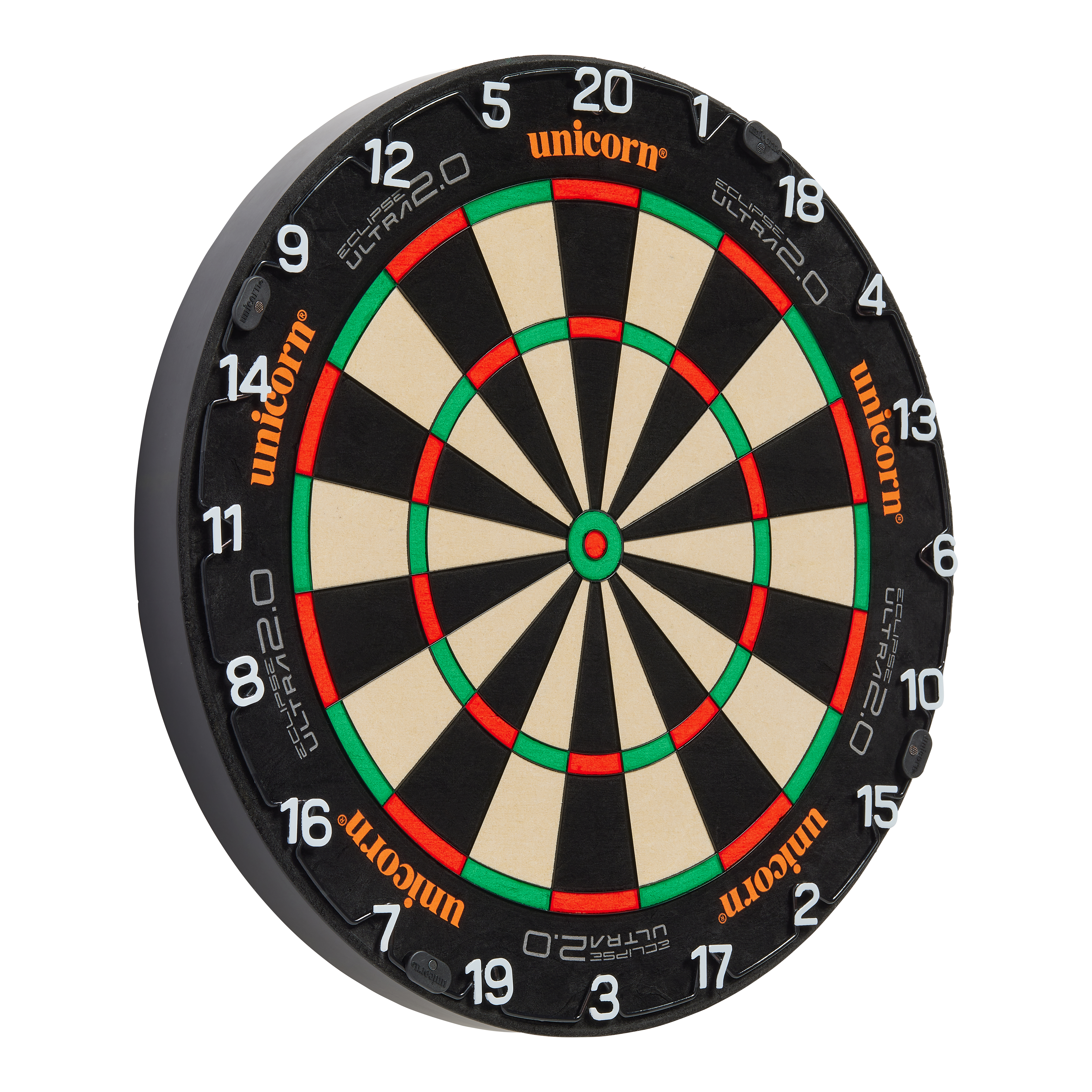 Stalowa tarcza do darta Unicorn Eclipse Ultra 2.0 Das Bild zeigt eine Unicorn Eclipse Ultra 2.0 Steeldartboard. Die Dartscheibe hat ein klassisches Design mit schwarzen, weißen, roten und grünen Segmenten.