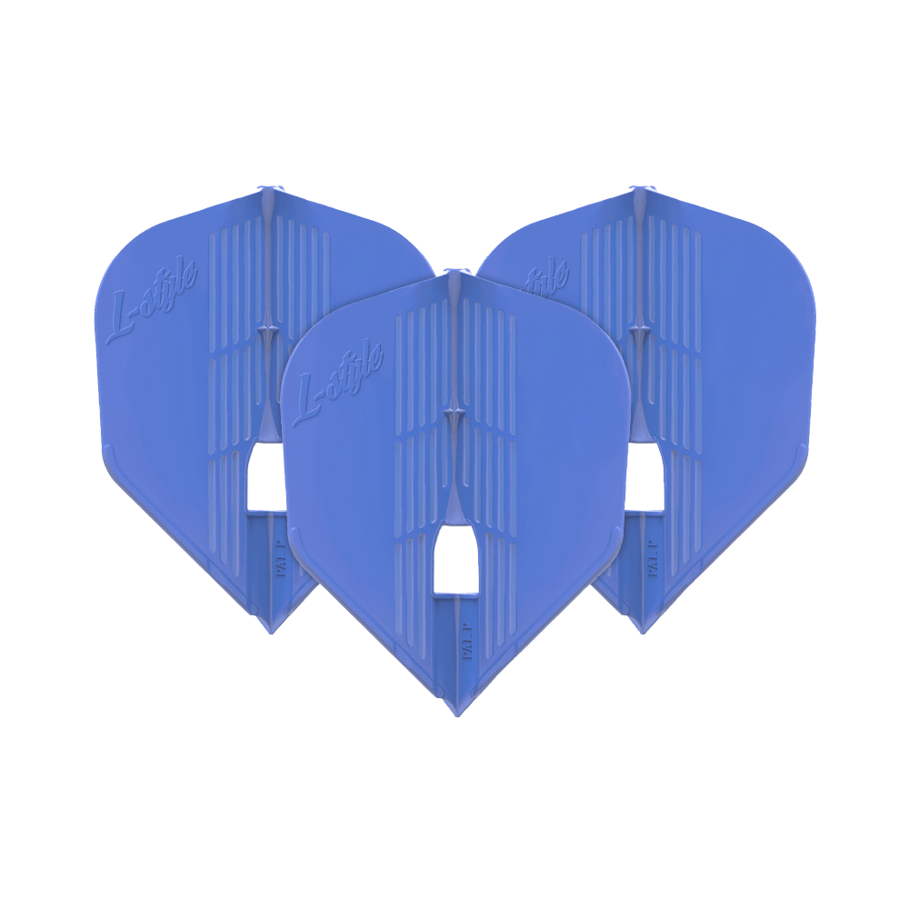 Loty KAMI L3PRO w stylu L Das Bild zeigt drei blaue Dartflights der Marke L-Style. Sie sind nebeneinander aufgereiht und haben eine moderne, strukturierte Oberfläche.