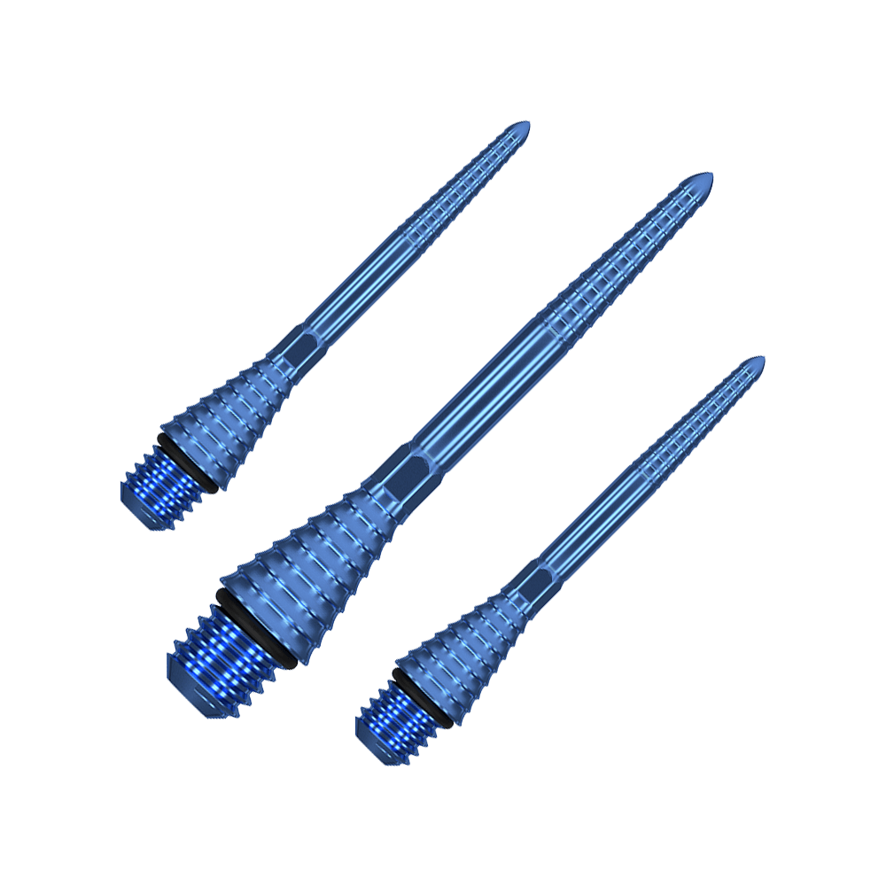 380177_Target_Titanium_Swiss_Point_Grooved_Conversion_Points_Blau_30mm_1 Das Bild zeigt drei blaue, gerillte Dartspitzen mit Schraubgewinde. Sie sind aus Metall gefertigt und haben eine schlanke, konische Form.
