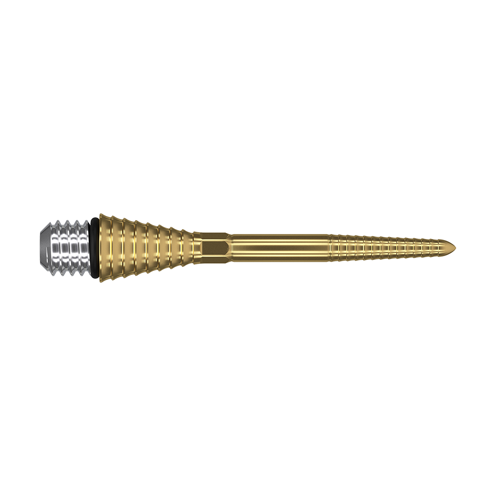 380179_Target_Titanium_Swiss_Point_Grooved_Conversion_Points_Gold_30mm_2 Das Bild zeigt eine goldfarbene, gerillte Dartspitze mit Schraubgewinde. Sie besteht aus Metall und hat eine konische Form.