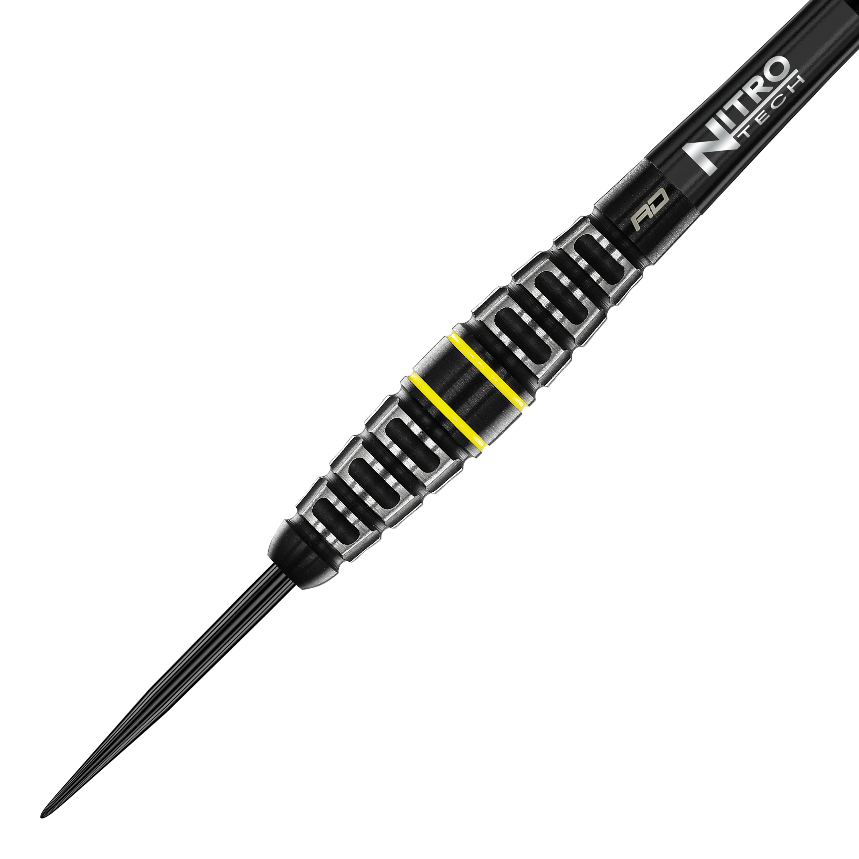 Rzutki stalowe Red Dragon Astraeus Q4X Torpedo Das Bild zeigt den Red Dragon Astraeus Q4X Torpedo Steeldart. Der Dart hat ein schwarzes Design mit silbernen Rillen und gelben Akzenten.