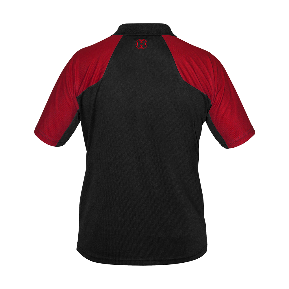 17416-Harrows-Vivid-Dartshirt-Black-Red-2vZx48MEm4REEL Das Bild zeigt ein Dartshirt in den Farben Schwarz und Feuerrot. Die Rückseite des Shirts ist überwiegend schwarz mit roten Ärmeln und Schultern.