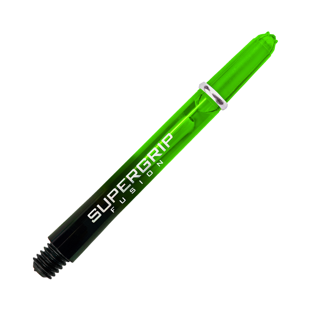 HR341_Harrows_Supergrip_Fusion_Shafts_Gr-n_47mm_2hV0Xxfzt4lkIw Das Bild zeigt einen grünen Harrows Supergrip Fusion Dartshaft. Im Hintergrund sind grüne und weiße Streifen zu sehen, die den Shaft hervorheben.