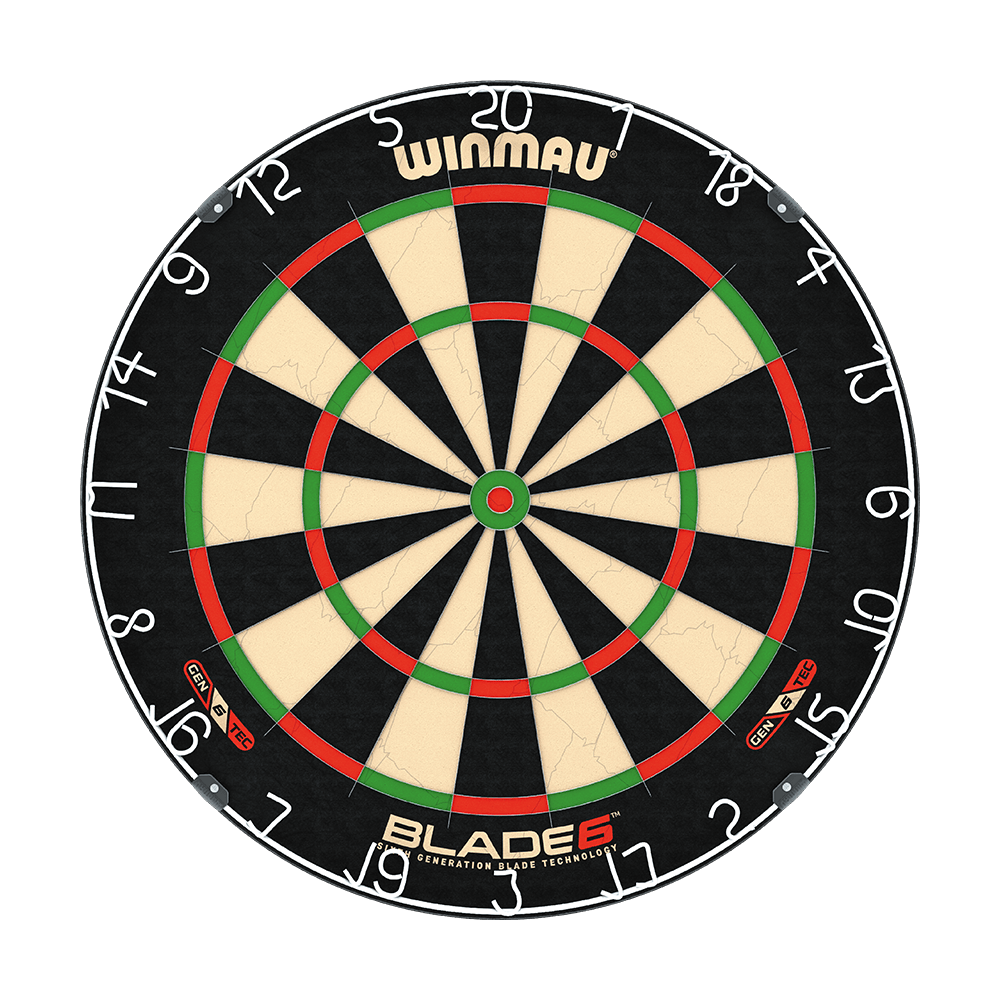B6DSET_Winmau_Blade_6_Dartboard_Set_2 Das Bild zeigt eine Winmau Blade 6 Dartscheibe mit klassischem Design. Es handelt sich um ein Set, das auch zwei Sets Winmau Steeldarts enthält.