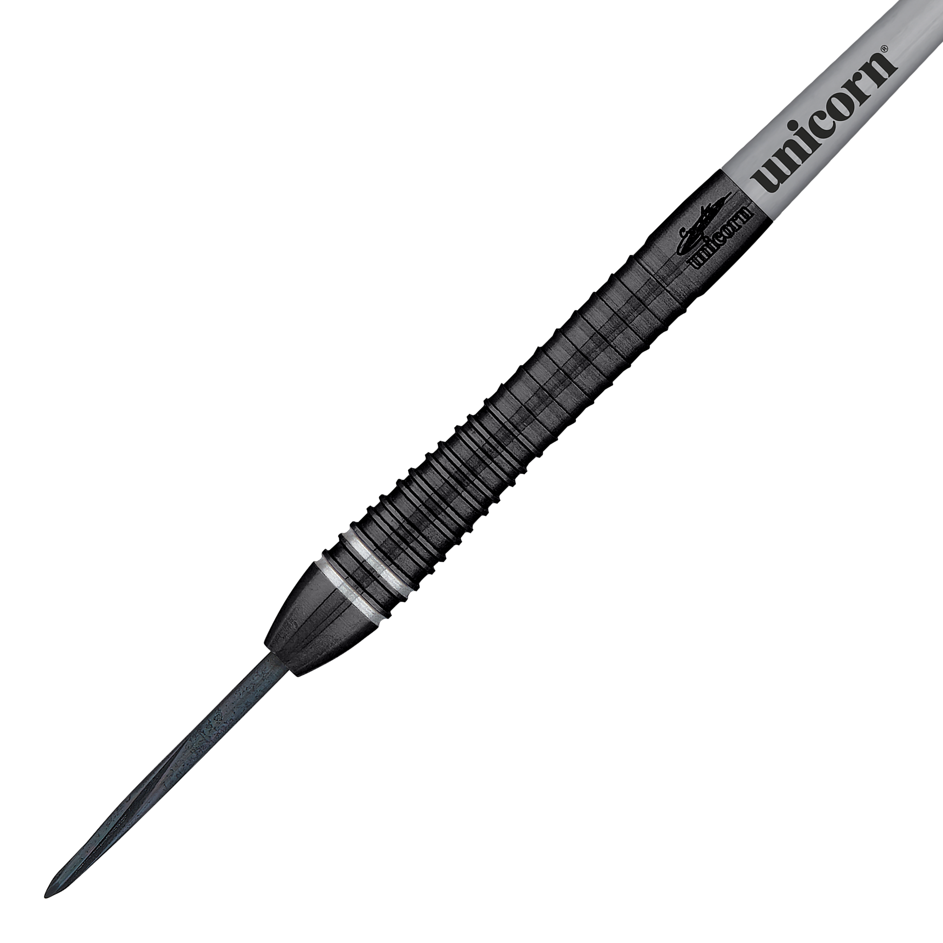 Mistrz Świata Jednorożców Gary Anderson Noir Phase 6 Steeldarts Das Bild zeigt einen Steeldartpfeil aus der Serie "Unicorn World Champion Gary Anderson Noir Phase 6". Der Dartpfeil ist schwarz mit silbernen Akzenten und trägt das "Unicorn"-Logo.
