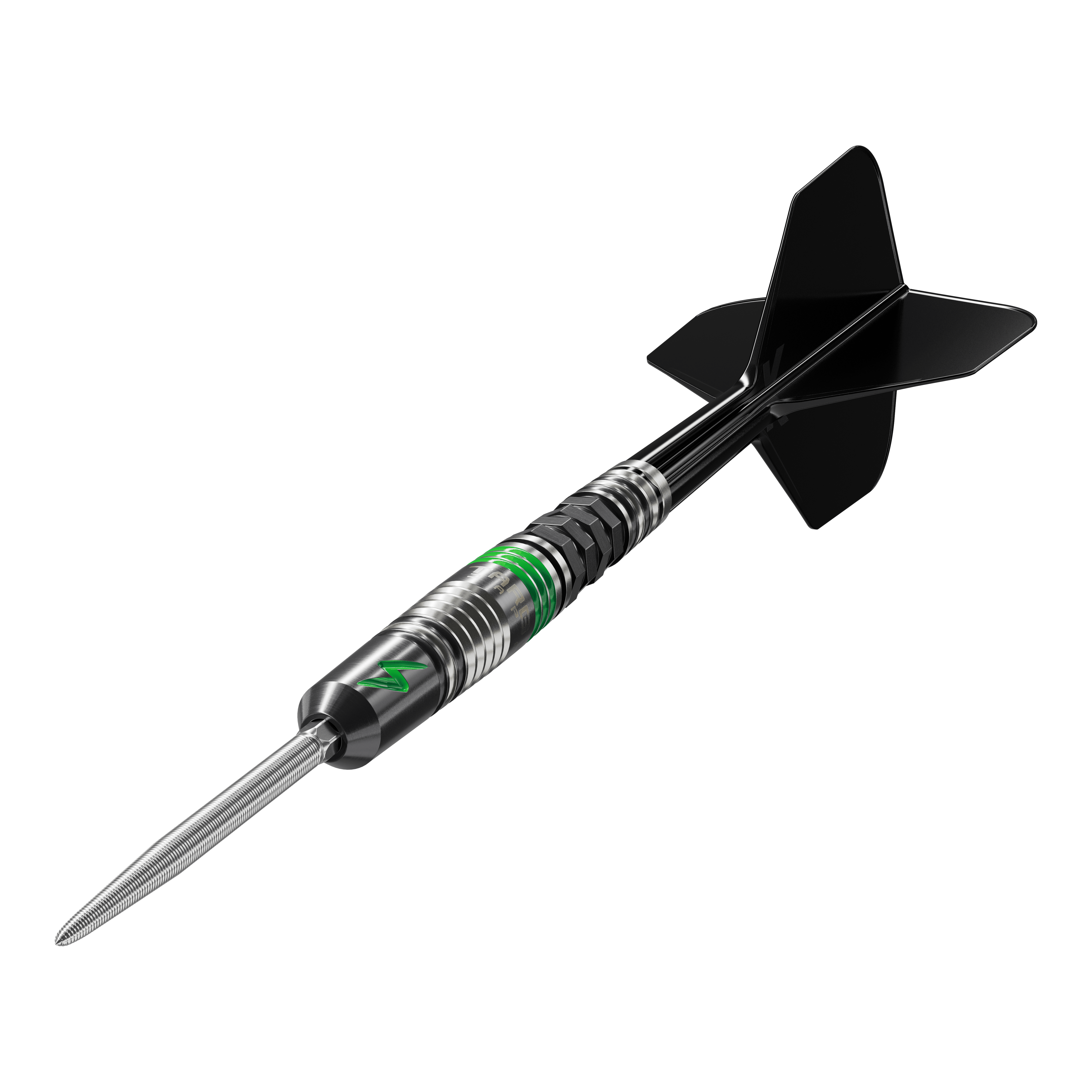 Stalowe lotki Target Japan Black Marque Lightning 3 SP Das Bild zeigt den Target Japan Black Marque Lightning 3 SP Steeldart. Der Dartpfeil ist schwarz-silber mit grünen Akzenten und hat schwarze Flights.