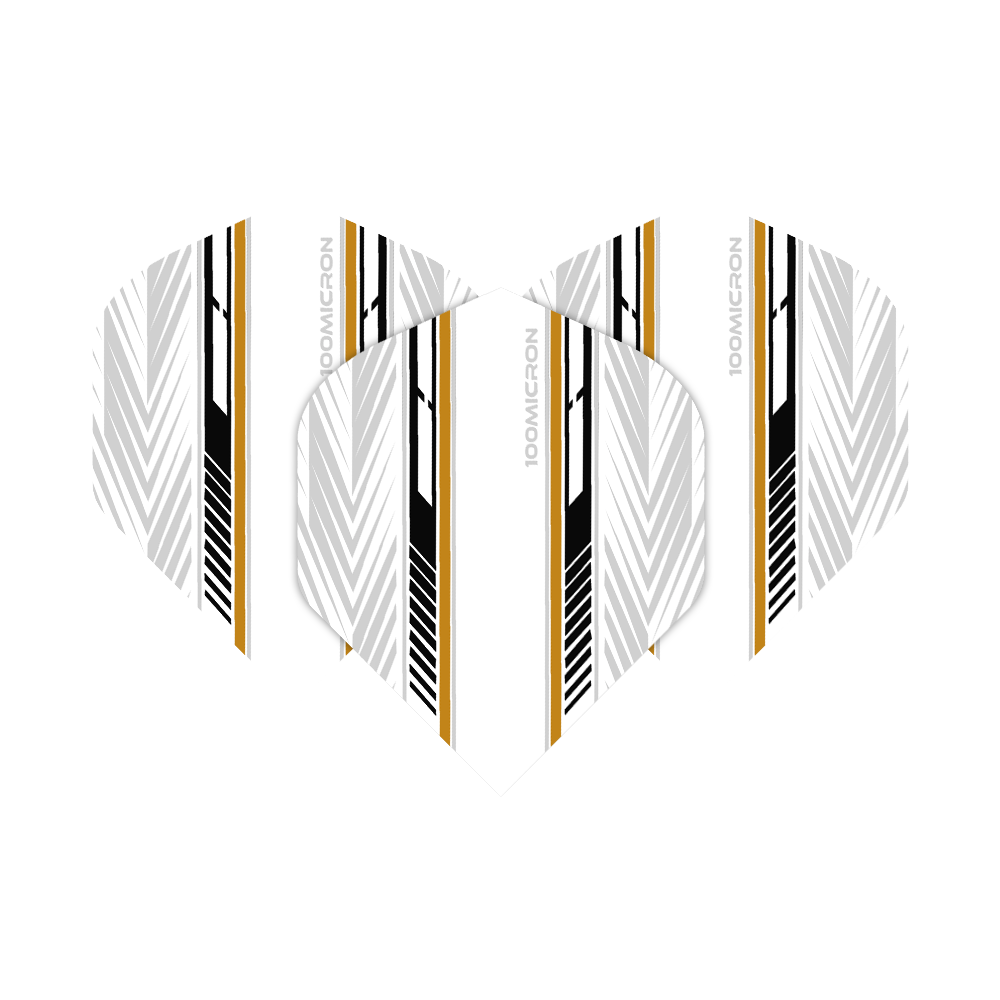 Pentathlon Flights biało-czarno-złoty Das Bild zeigt die Pentathlon White Black Gold No2 Standard Flights für Dartpfeile. Die Flights sind überwiegend weiß mit schwarzen und goldenen Zierstreifen sowie geometrischen Mustern.