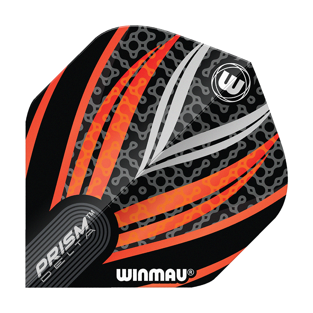 Winmau Prism Delta Czarno-Biało-Pomarańczowy Nr 2 Standardowe Loty Das Bild zeigt ein Dart-Flight der Marke Winmau mit dem Namen "Prism Delta Schwarz Weiß Orange No2 Standard Flights". Das Design besteht aus schwarzen, weißen und orangefarbenen Streifen mit einem modernen Muster.