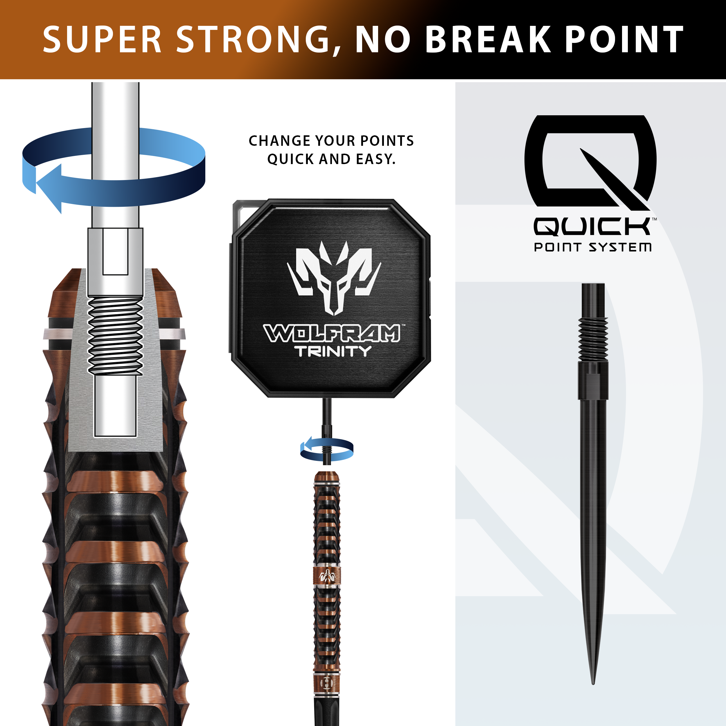 Auf diesem Foto sind die Harrows Wolfram Trinity Quick Point Steeldarts dargestellt. Das Design dieser Darts betont Präzision und Stabilität.