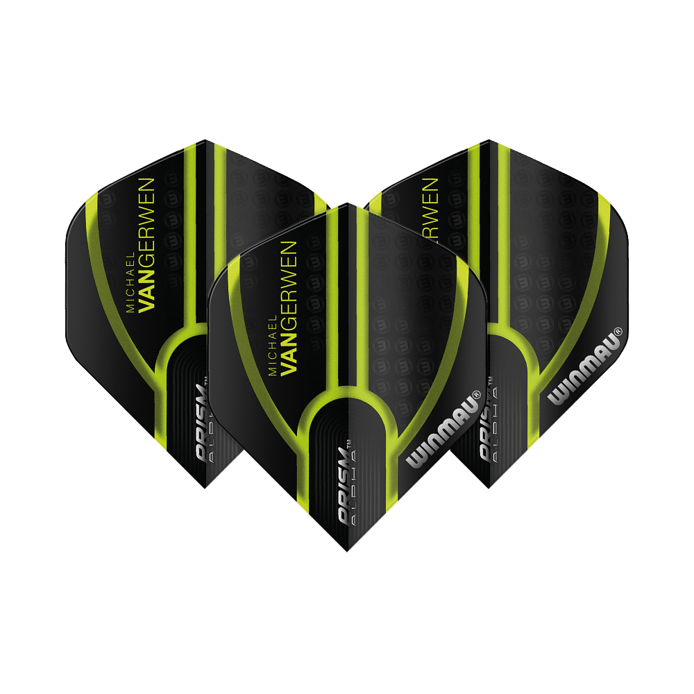 6915-143_Winmau_Prism_Alpha_MvG_Black_Green_V1_Standard_Flights_1dQZFRZdLARkiM Winmau Prism Alpha MvG Black Green V1 Standard Flights. Gezeigt sind Dartflights mit schwarzen und farbigen Akzenten.