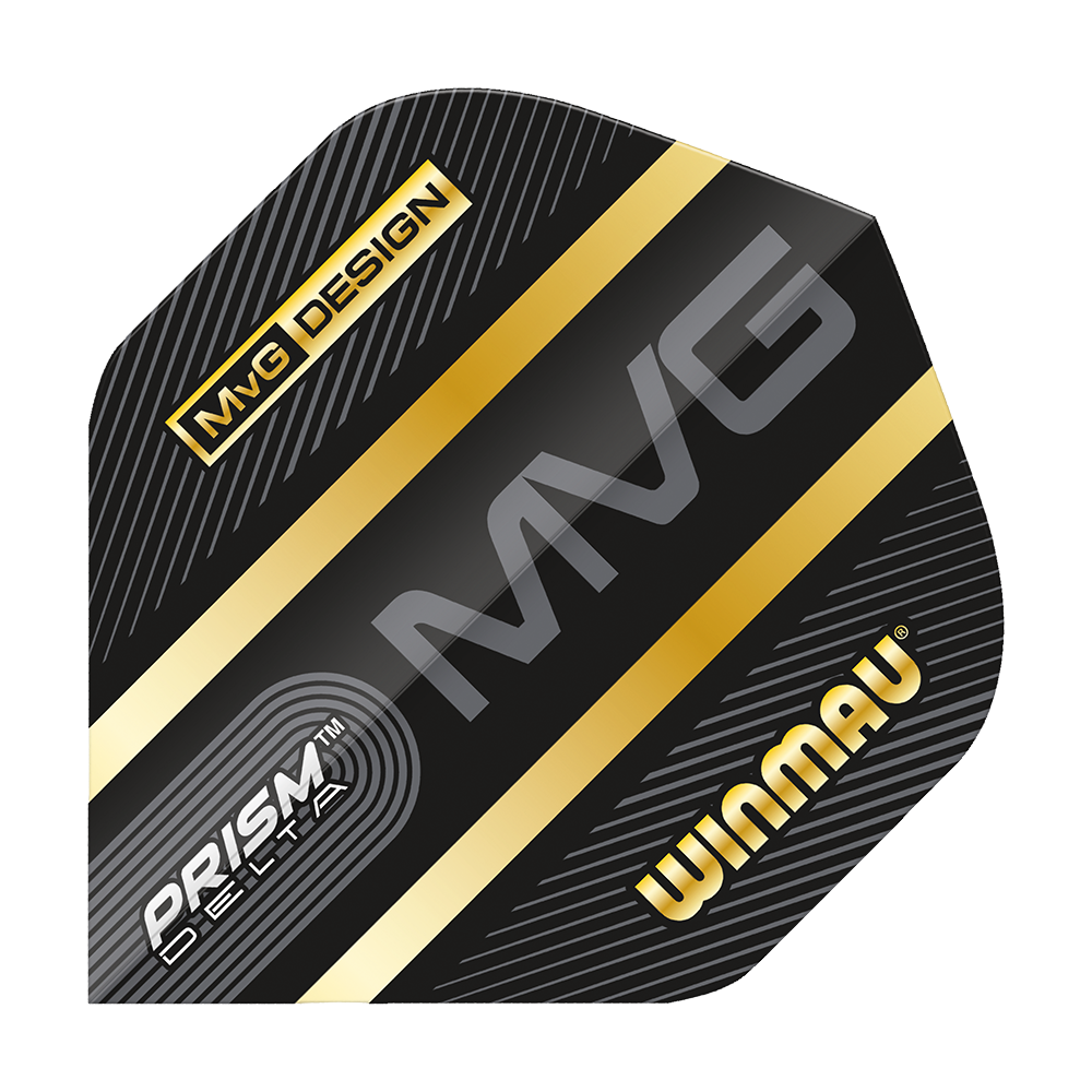 6915-238_Winmau_Prism_Delta_MvG_Standard_Flights_1iJtg109t2yJ9H Das Bild zeigt ein Winmau Prism Delta MvG Standard Flight für Darts. Das Flight ist schwarz mit goldenen Streifen und den Aufschriften „MVG“, „PRISM DELTA“ und „WINMAU“.