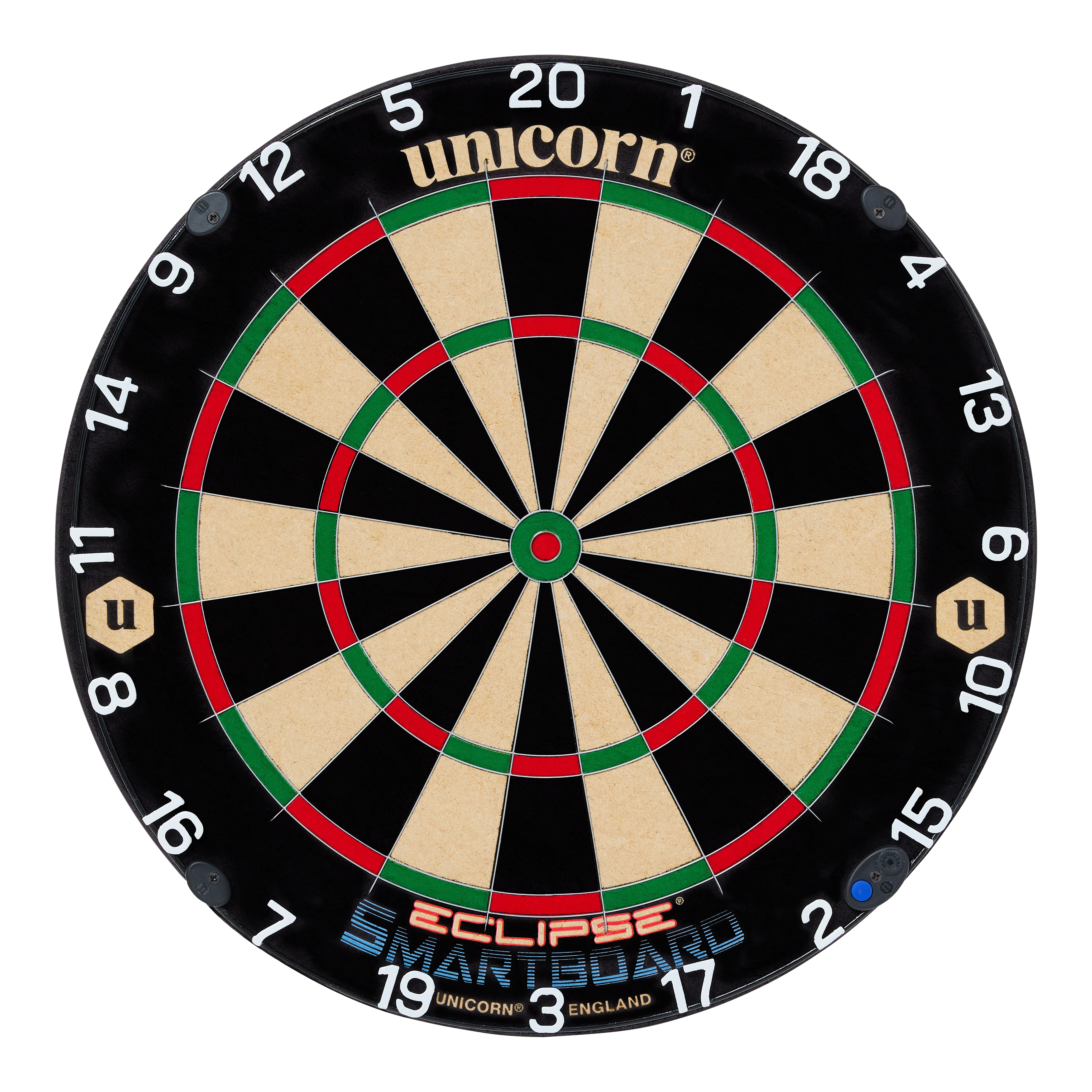 Stalowa tarcza do darta Unicorn Eclipse Smartboard Das Bild zeigt eine Steeldart-Scheibe mit der Aufschrift "Unicorn Eclipse Smartboard". Die Felder sind klassisch in Schwarz, Weiß, Rot und Grün gehalten und die Zahlen sind rund um den Rand angeordnet.