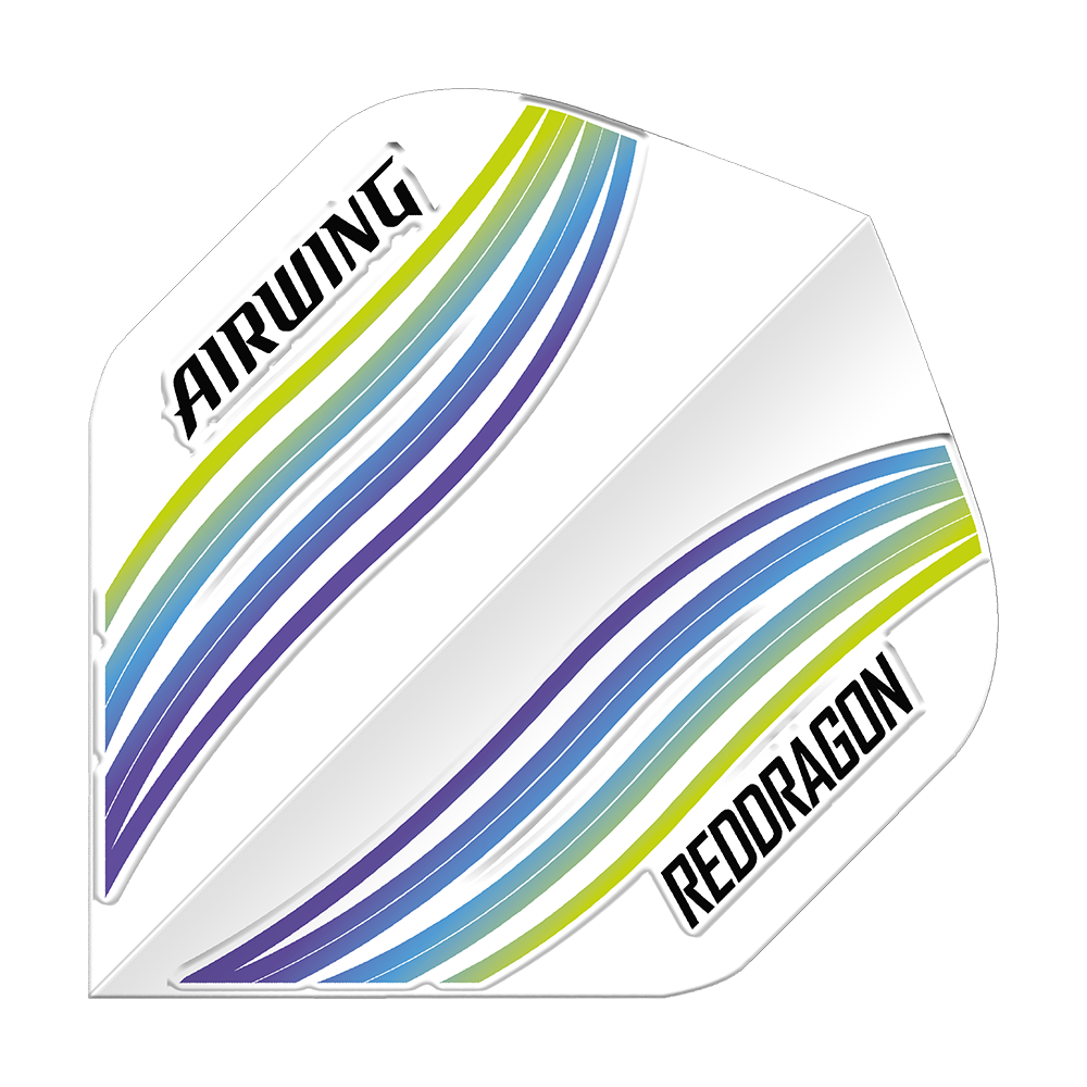 Standardowe loty Red Dragon Airwing Blue Wave Das Bild zeigt das Produkt "Red Dragon Airwing Blue Wave Standard Flights". Es hat ein weißes Design mit blauen, grünen und violetten Wellenlinien sowie den Aufschriften "AIRWING" und "REDDRAGON".