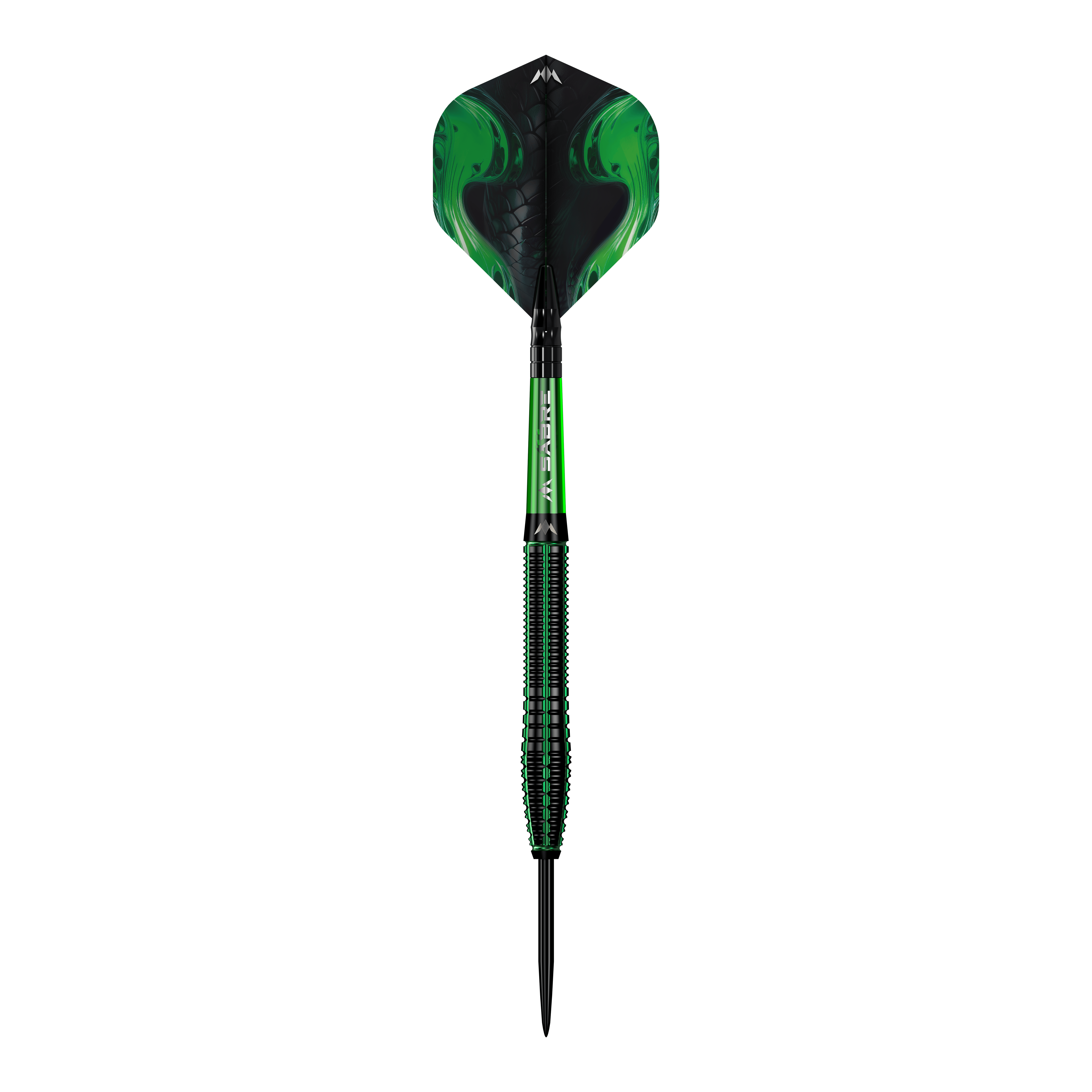 Stalowe rzutki Mission Venom Das Bild zeigt einen Mission Venom Steeldart mit einem auffälligen, grünen Design. Der Schaft und die Flights haben ein modernes Muster, das an Schlangenhaut erinnert.